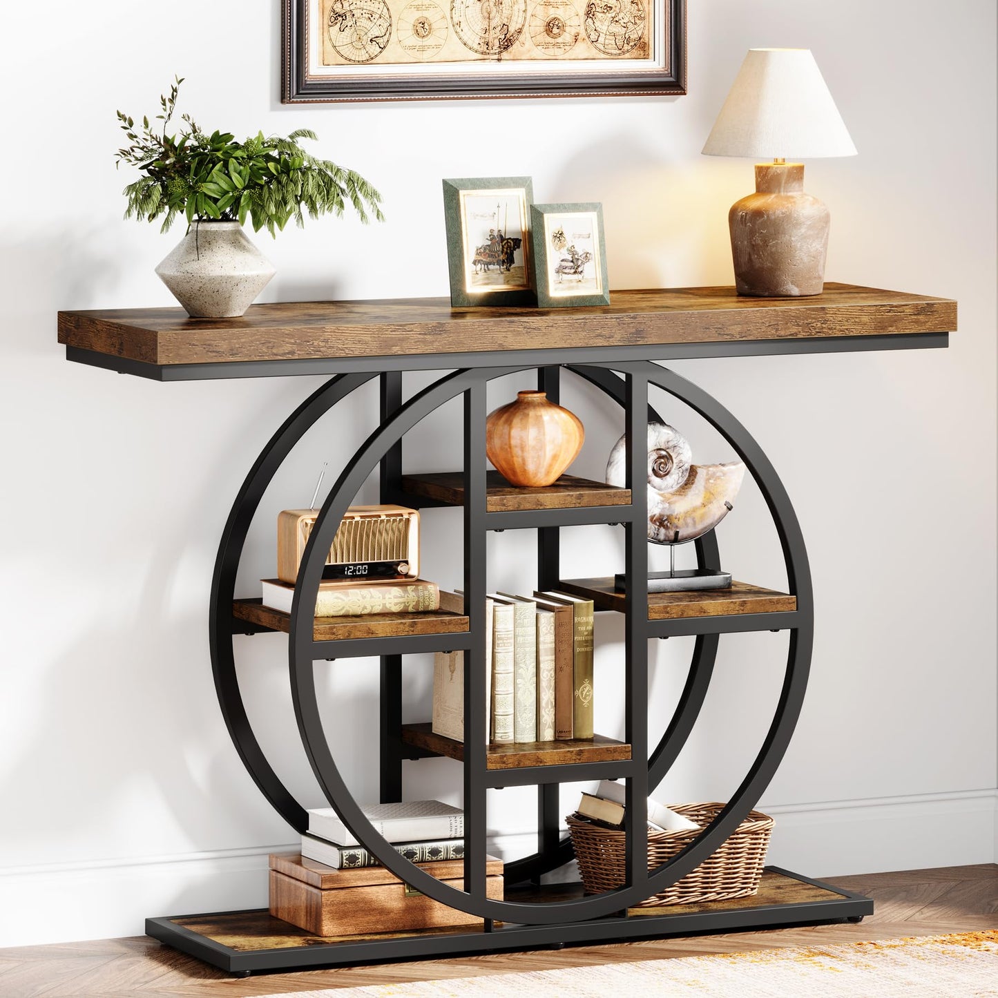 Celaform 41" Console Table for Entryway, 4-Tier Industrial Narrow Wood Sofa Accent Tables with Circle Storage Shelves for Living Room, Hallway, Foyer (Rustic Brown)