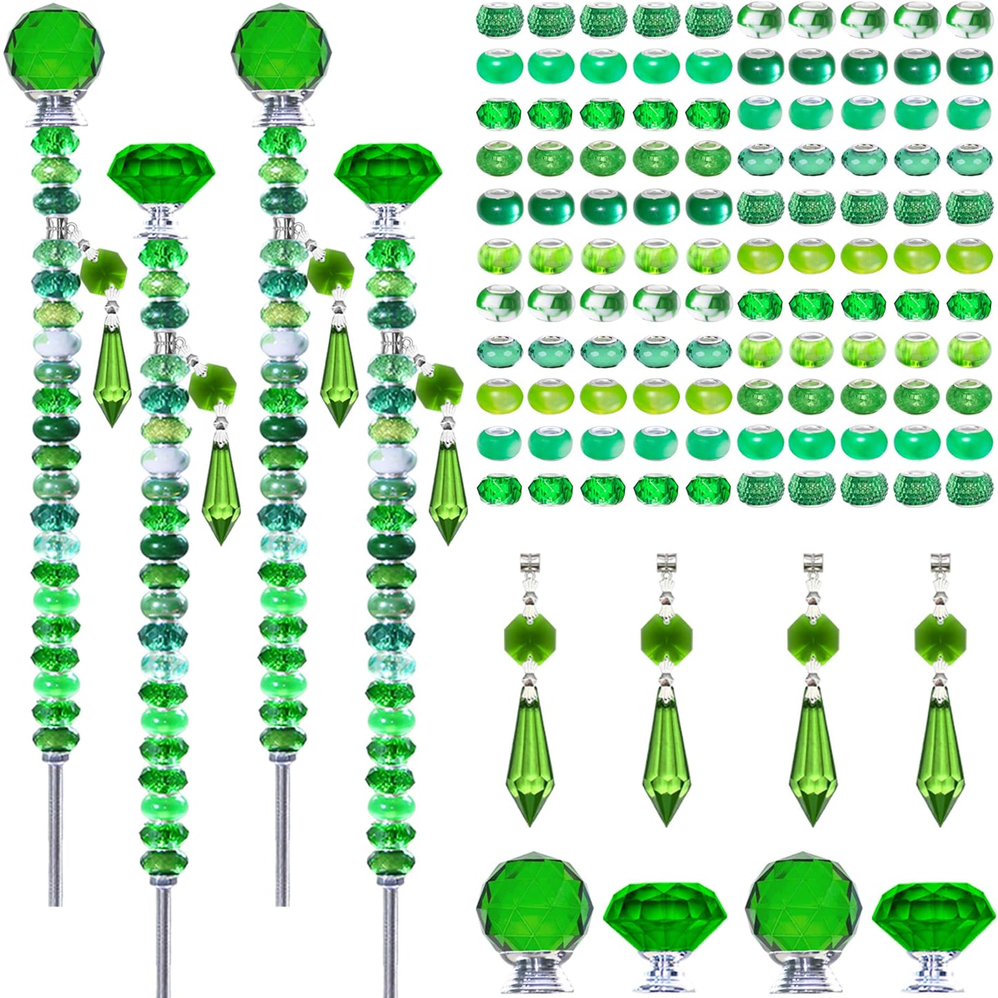 Exway 100 PCS DIY Fairy Wand Beaded Garden Stake Beads Kits with Green Large Hole Beads 4 Crystal Stopper Top Threaded Rods and 4 Green Sparkling Crystal Pendants for Outdoor Indoor Decor