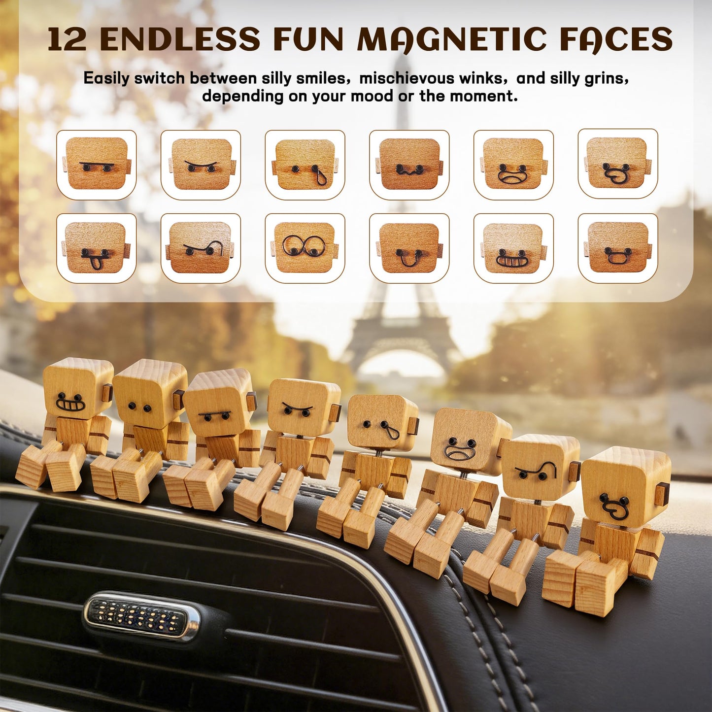 4 pcs Shaking Wooden Man Figurine,Wooden Figure with Spring Legs, Shaking feet Wood Doll, Funny Desktop Decor with 12 PCS Expressions, Car Dashboard Decorations(Beech)