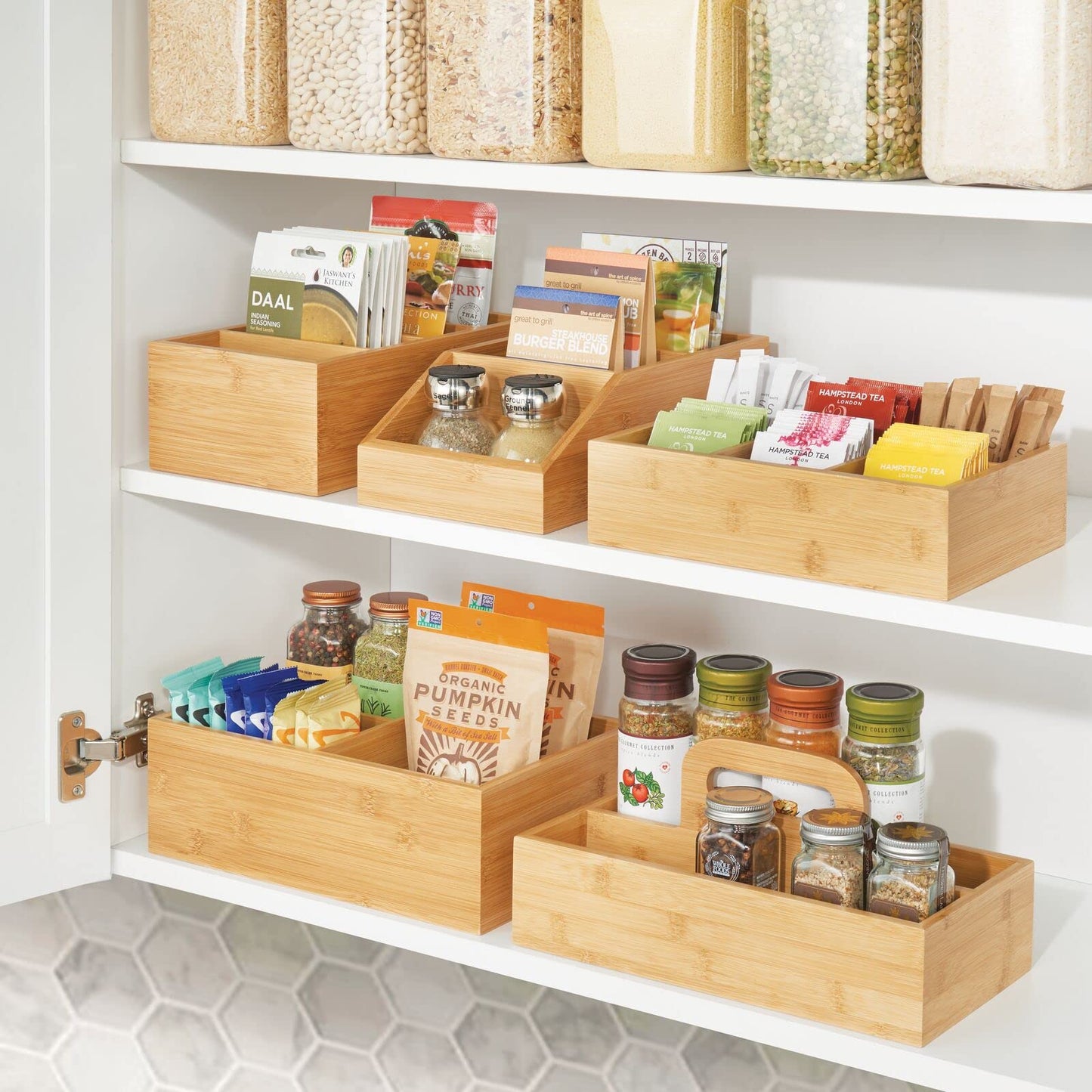 mDesign Bamboo Wood Compact Food Storage Organizer Bin Box - 4 Divided Sections - Holder for Seasoning Packets, Pouches, Soups, Spices, Snacks - Natural