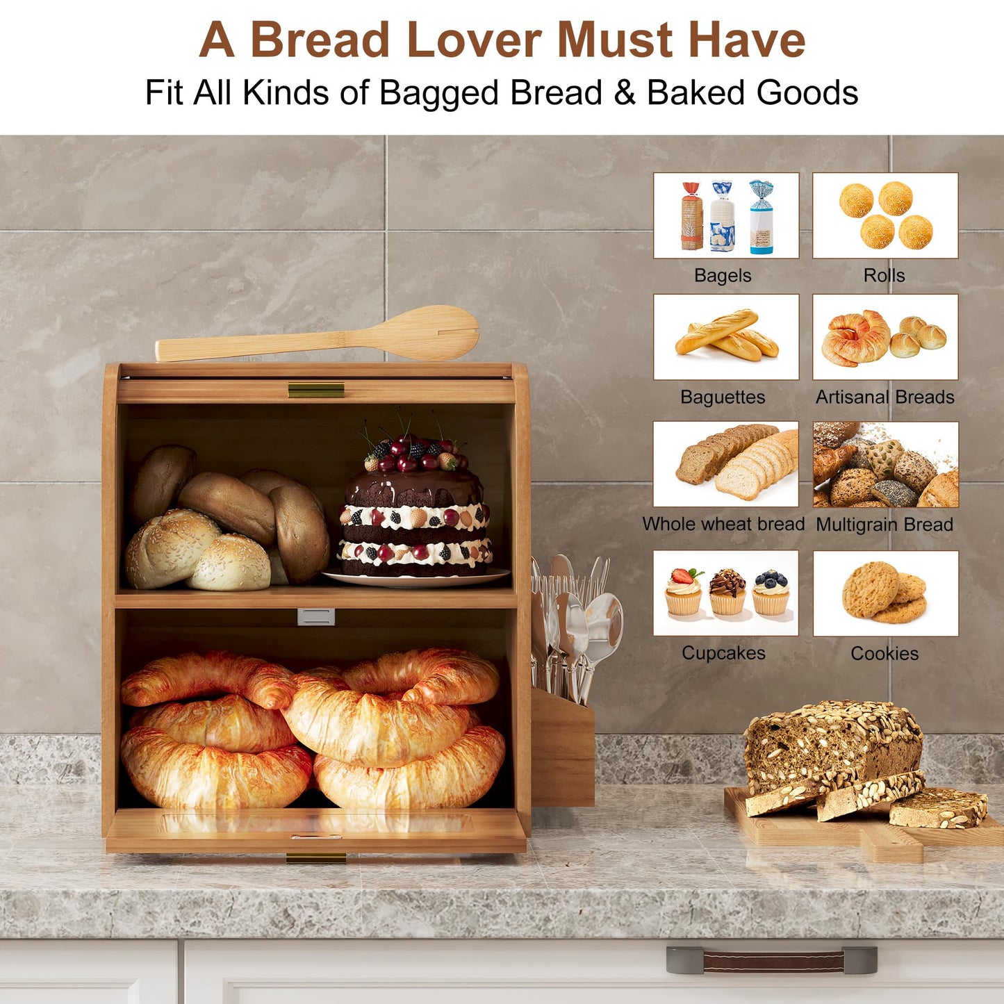 TQVAI Roll Top Bread Box for Kitchen Countertop, Keep Fresh Longer, Easy to Maintenance, Double Layer Vintage Wooden Breadbox with Window for Homemade Bread, Sandwich Loaves, Baked Goods (Retro Brown)