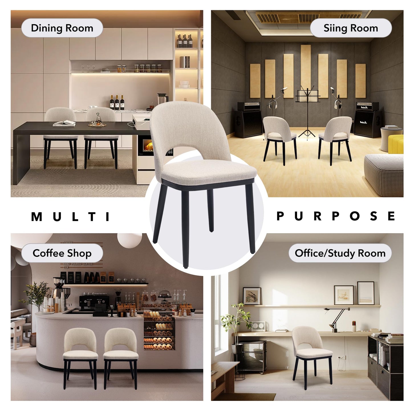 Wooden Dining Chairs Set of 6, Upholstered Kitchen Dining Room Chair, Modern Linen Fabric hollowed out Dinner Chair with Leveling Feet/hollowed out Backrest Support for Dining Room, Living,Beige