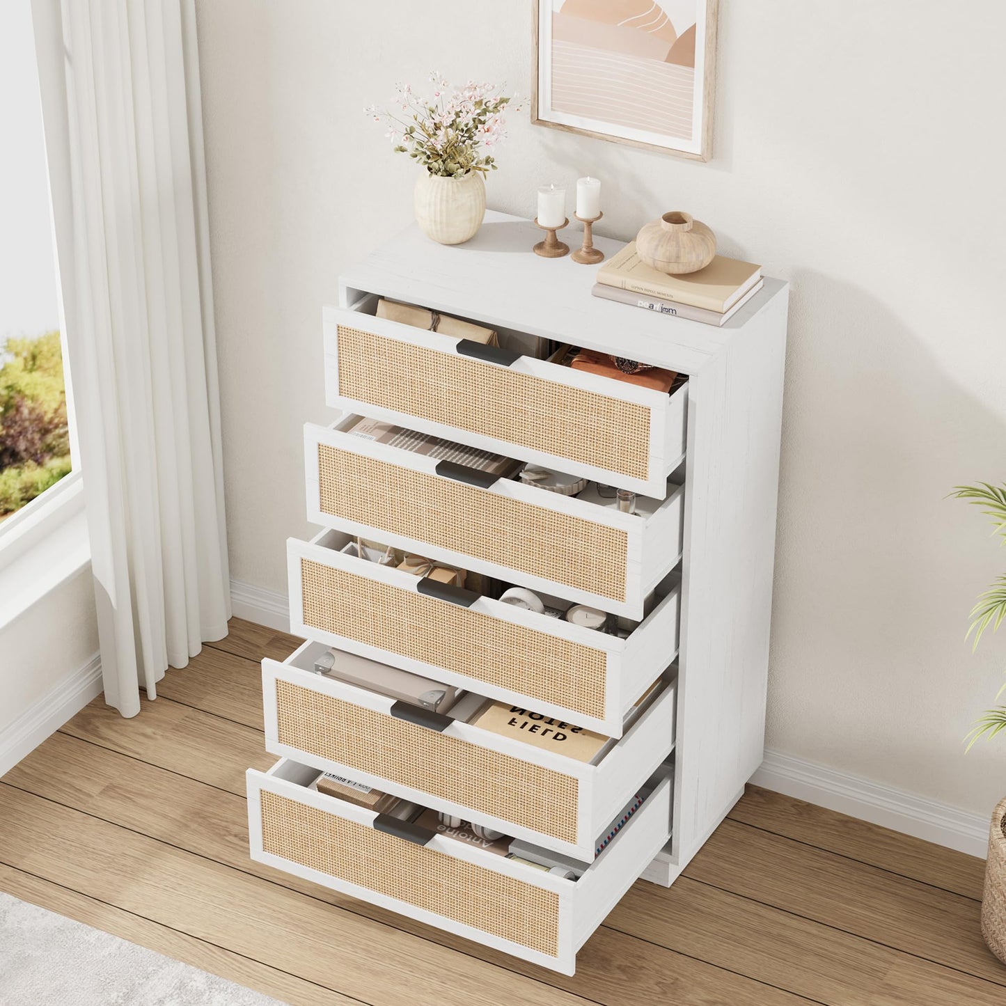 IDEALHOUSE 30'' Wide Nightstand for Bedroom, Wooden Bedside Table with Metal Handle & 5 Drawers, Mid Century Modern Wood Night Stand for Living Room, Closet, White