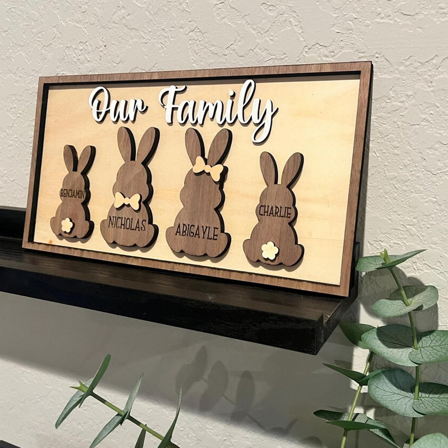 Personalized Bunny Family Sign – Custom Wooden “Our Family” Easter Bunny Name Plaque, Rustic Layered Rabbit Home Decor for Spring, Mantel, Shelf, Farmhouse Gift for Mom & Family 1