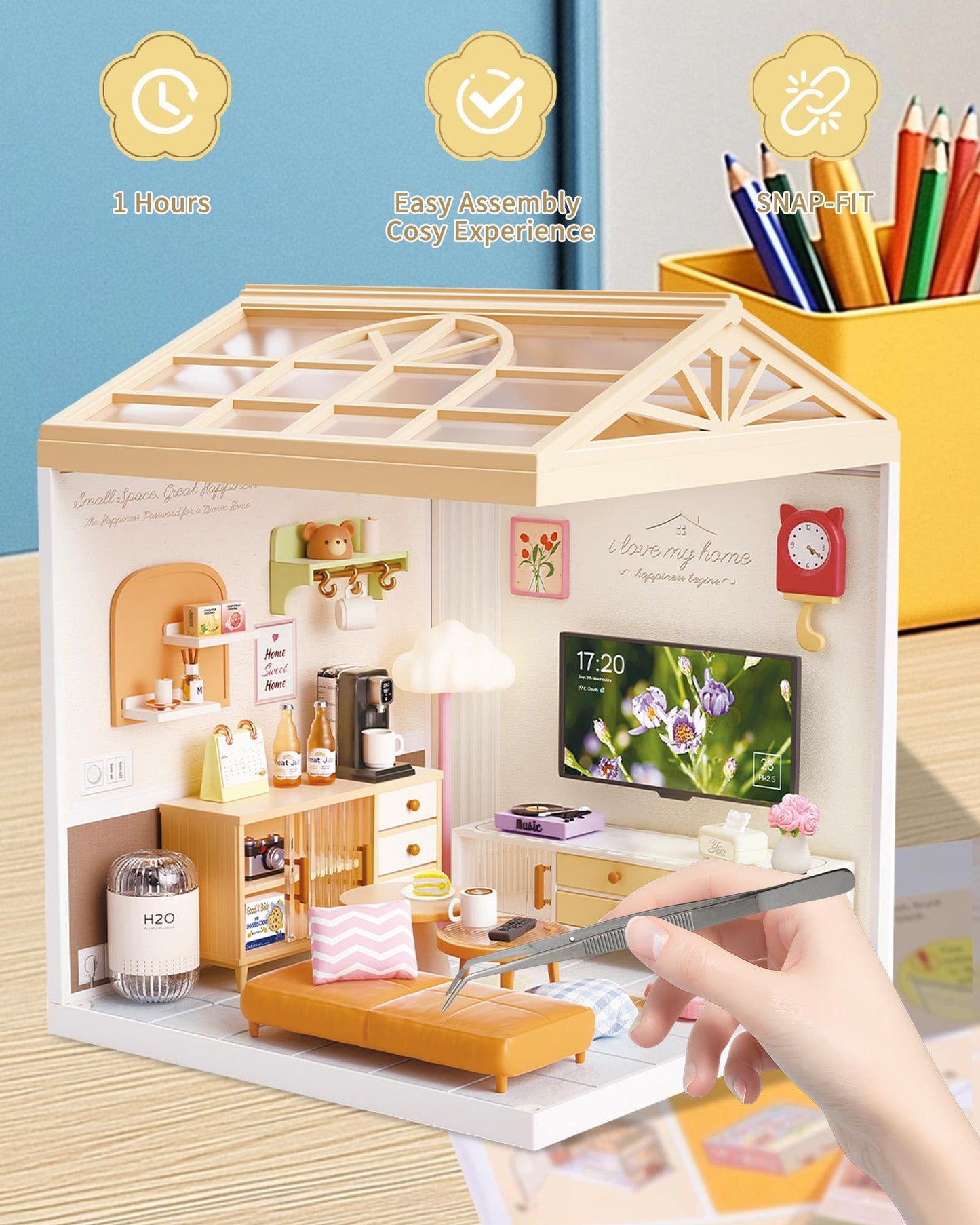 Kisoy DIY Miniature House Kit, Tiny House Kit with Furniture and LED Light, Mini Blocks Model Kit Sets, DIY Crafts/Hobbies Toys for Adults and Teens (Living Room)