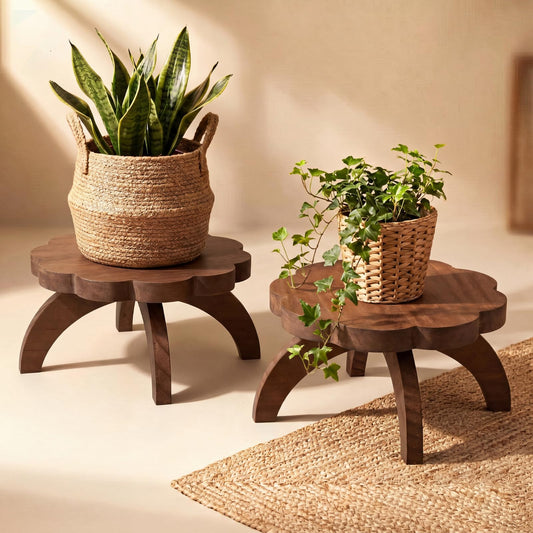 Novabright 2 Pcs Short Plant Stand Small Wood Plant Stool Low Wood Riser Pedestal Display Decor Indoor Outdoor Rustic Farmhouse Table Balcony Decor Board Flower Holder Rise (Scalloped,Rustic Color)
