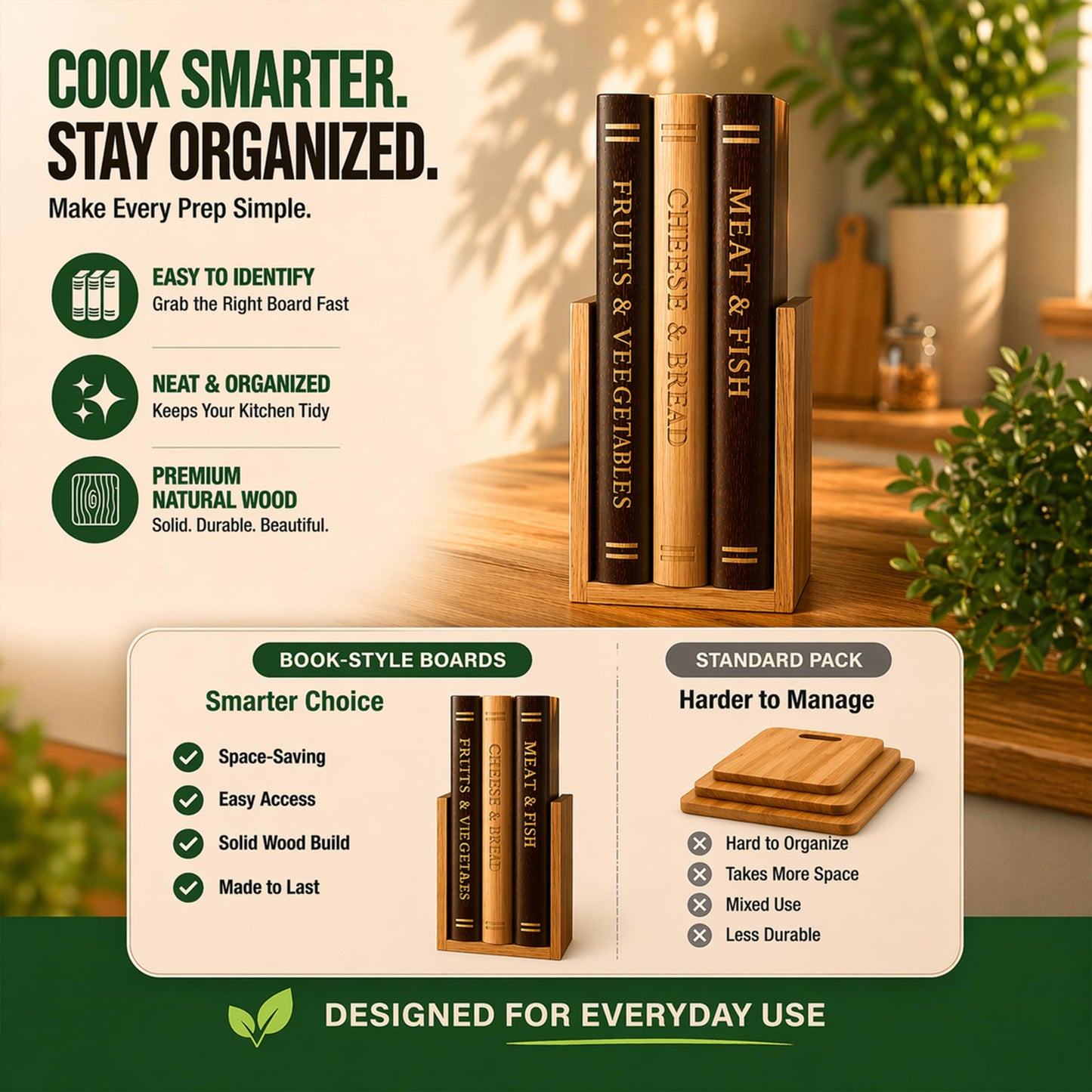 FUSAHURIY Acacia Wood Book Cutting Board Set with Stand, Wooden Cutting Boards That Look Like Books for Hands-Free Recipe Viewing, Beginner Cooking, Breakfast Prep, Family Meals & Housewarming Gift