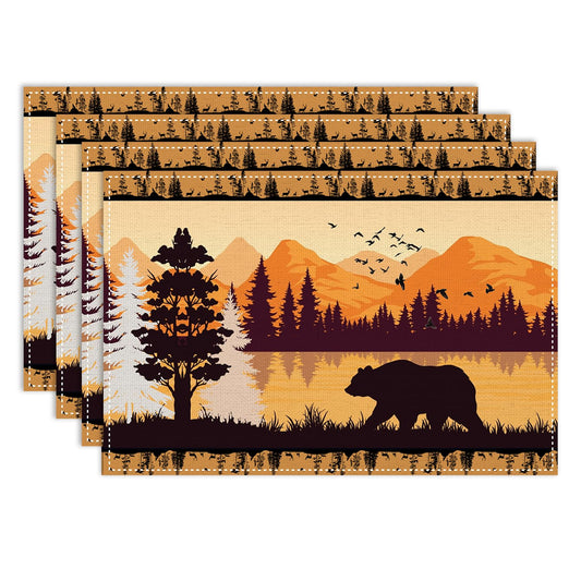 Forest Animal Cabin Placemats Set of 4, 12x18 Inch Country Bear Sunset Rustic Wooden Farmhouse Style Pine Tree Nature Printed Fall Holiday Coffee Table Mats for Party Kitchen Dining Decoration