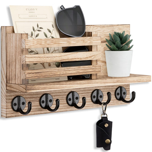 SHAXIXI Wall Key Hook, Mail Organizer with 5 Metal Key Hooks, Decorative Key Rack Wall Mount, Tung Wood, 11.8 x 6.7 inches, Includes mounting Hardware (Light Burn Color)