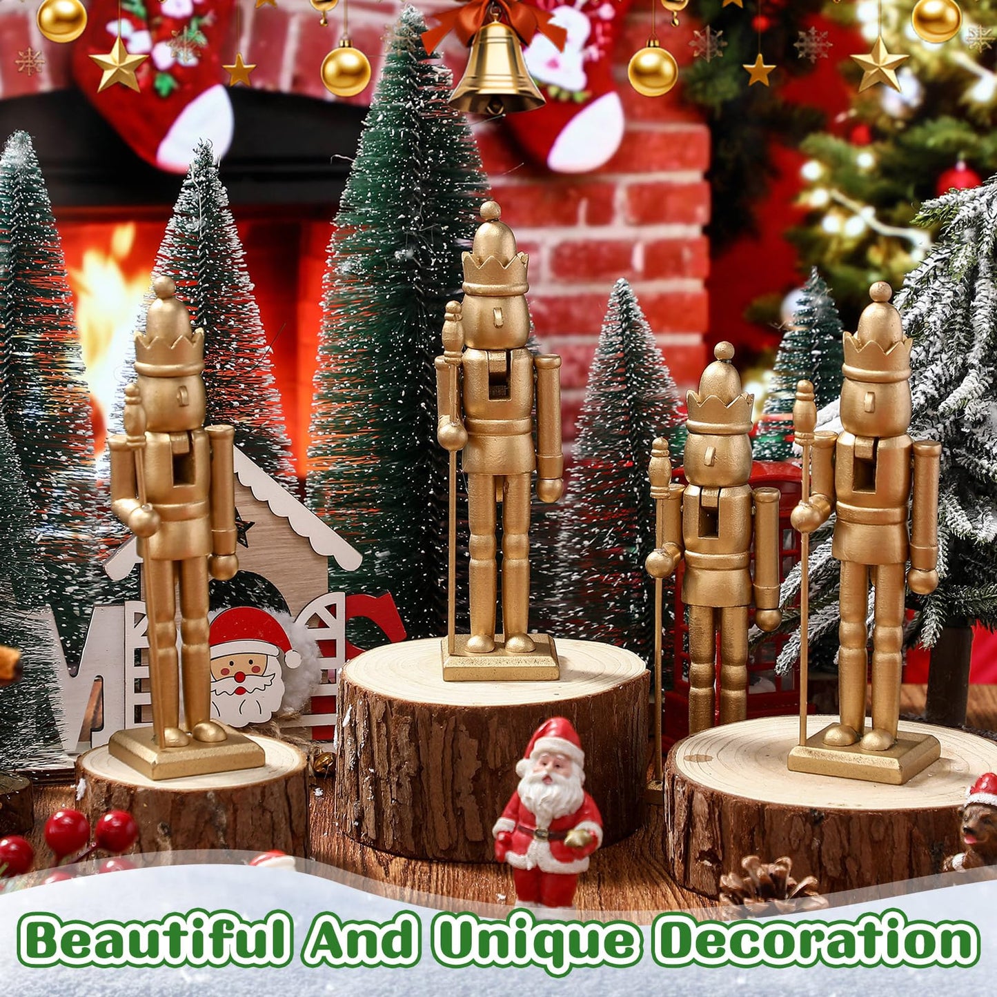 Roowest Christmas Nutcracker Figure 7 Inch Gold Wooden Doll Decoration Set Including Nutcracker with King Shape and White Beard for DIY Crafts Christmas Decorations(4 Pcs)