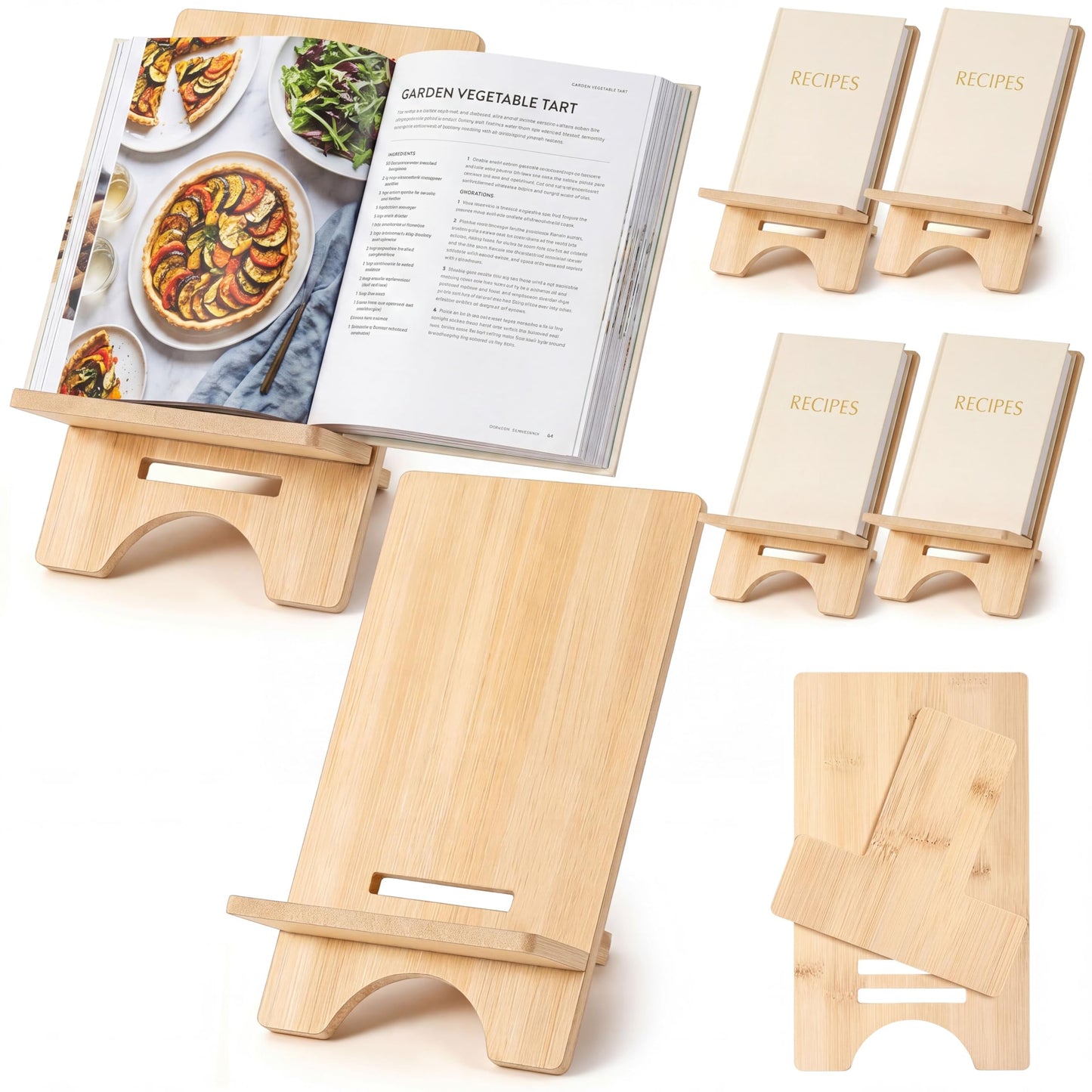 Novabright 6 Pack Adjustable Bamboo Cookbook Stand for Kitchen Counter 8 x 5 Inch Wooden Cookbook Holder for Recipe Book, Tablet, Reading, Desk Magazine Display Rack for Home Office Kitchen