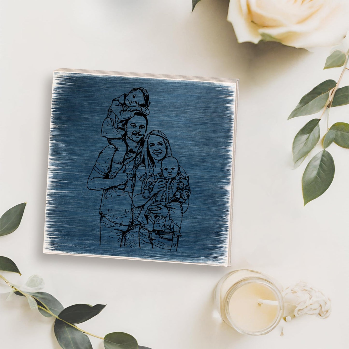 Personalized Sketch Photo Wooden Block Sign, Custom Hand Drawn Family Portrait from Photo, Meaningful Keepsake Shelf Sitter Home Decor Gift for Parents Grandparents