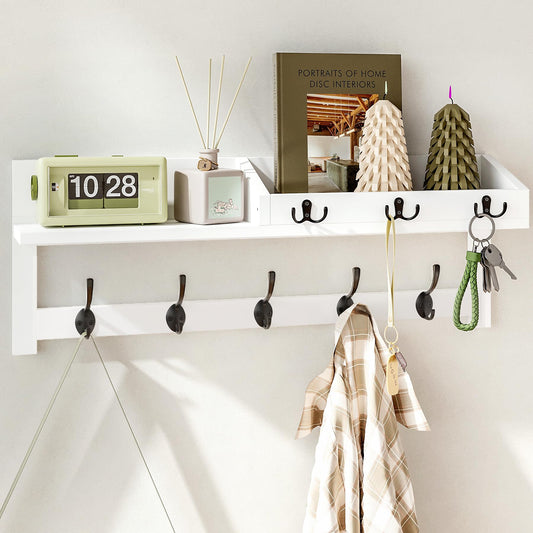 AMBIRD Wall Hooks with Shelf, 26.57 Inch Entryway Wood Coat Hooks for Wall, Coat Rack Wall Mount with 5 Dual Hooks 3 Key Hooks Mail Organizer and Key Rack Holder (White)