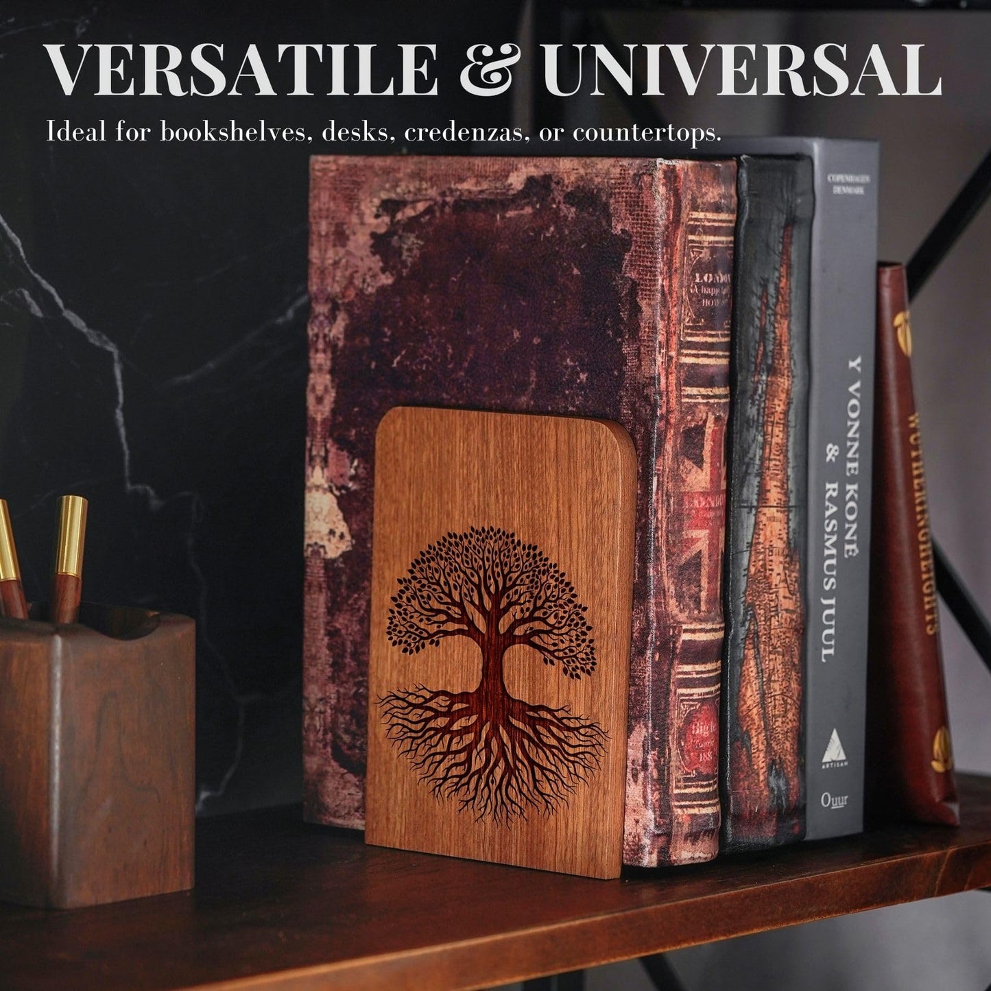 Tree of Life Wood Bookends, Gifts for Book Lovers, Novelty Bookends Unique, Heavy Duty Wooden Book Ends for Shelves Decorative(1 Pair, 4.72x6.69 Inches)