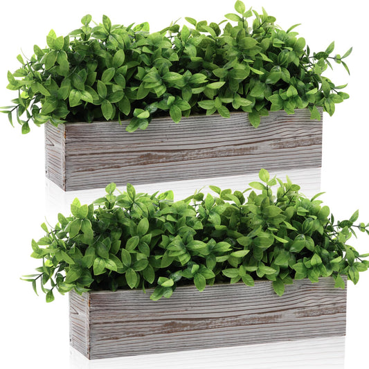 Lyrow 2 Pack Artificial Eucalyptus Plants in Rectangular Rustic Wooden Planter Box Faux Potted Herb Plant Greenery Centerpiece for Cabinet Windowsill Table Shelf Wedding Farmhouse Decor (White,16 '')