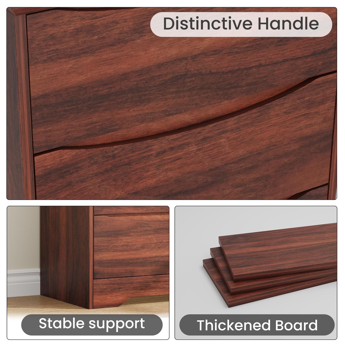 Garvee Wooden Dresser with 3 Drawers, Tall Modern Closet with Deep Storage, Large Chest of Drawers with Wide Top, Long Storage Dresser for Bedroom, Living Room, Hallway, Kids Room, Red Walnut
