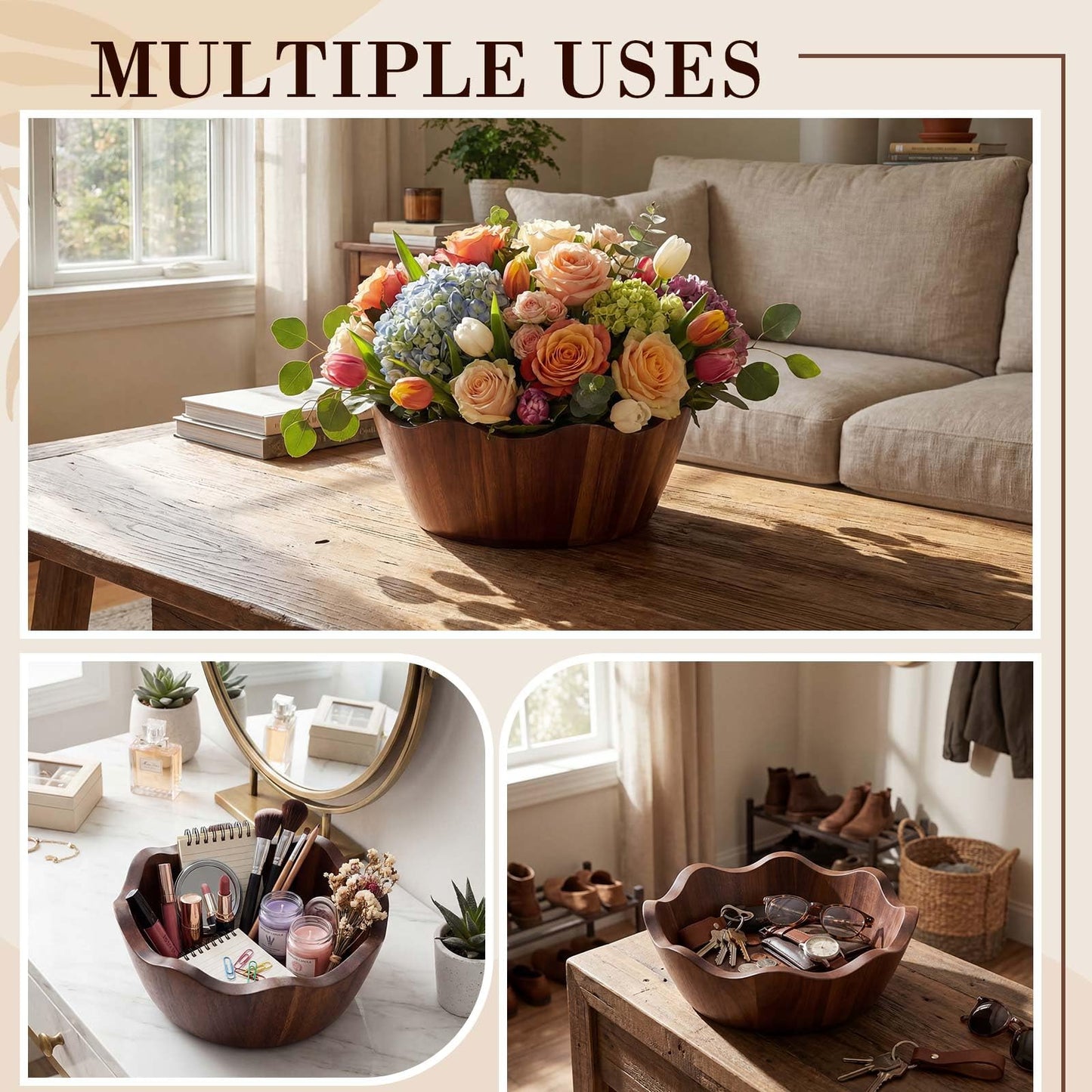 Hushee 3 Pcs Acacia Wooden Salad Bowls Set, 8/10/12 Inch Decorative Scalloped Salad Bowls, Large Wood Serving Mixing Bowl for Fruit, Pasta, Snacks, Weddings, Natural Housewarmings Gifts