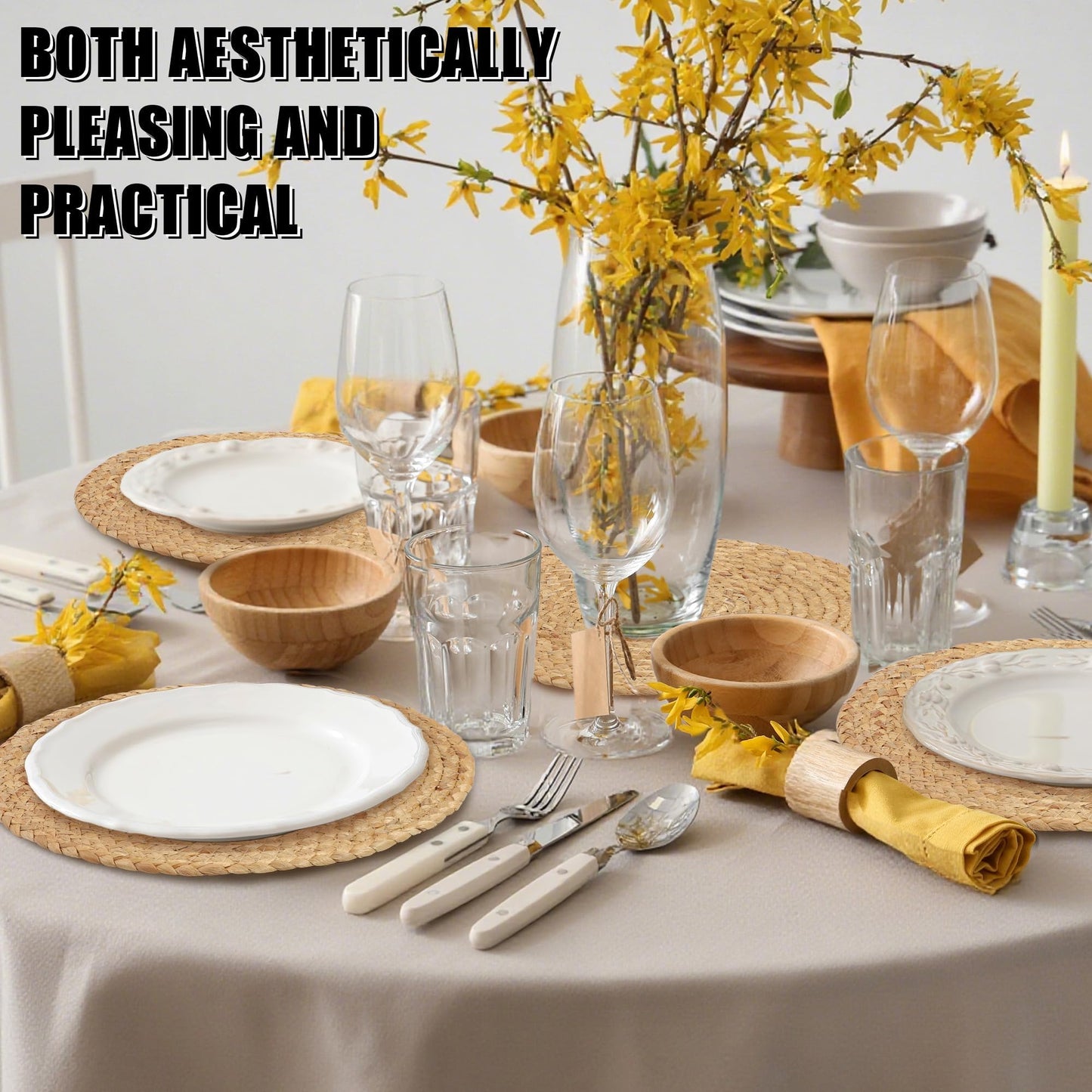 Kochorie Set of 12 Round Woven Placemats 12-Inch Natural Water Hyacinth Plant Placemats Hand-Woven Boho Rattan Placemat Wicker Weave Table Mats for Home Dinner Plates Holiday Supplies