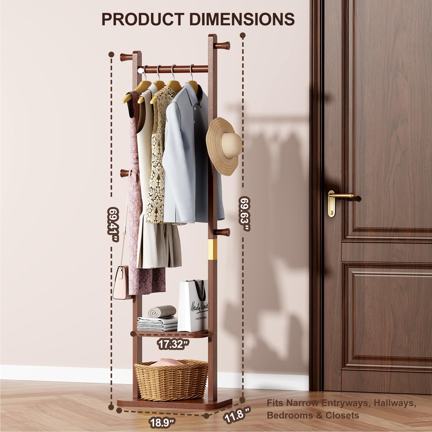 KIRROUS Solid Wood Coat Rack Freestanding, Clothing Rack with 5 Hooks & Bottom Shelf, Heavy Duty Coat Rack Stand for Hanging Clothes, Wood Hall Tree Organizer for Entryway, Bedroom (Walnut Brown)