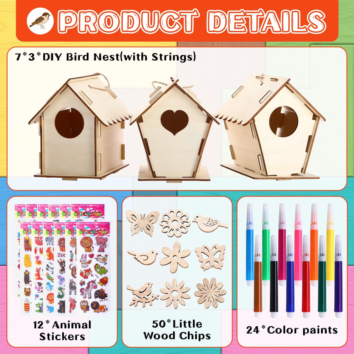 Tuanse 107 Pcs Wooden Birdhouse DIY Kits Includes 21 Unfinished Wood Mini Bird House 24 Watercolor Pen 50 Bird Butterfly Flower Slices 12 Animal Stickers for Adults DIY Craft Making Supplies(Classic)