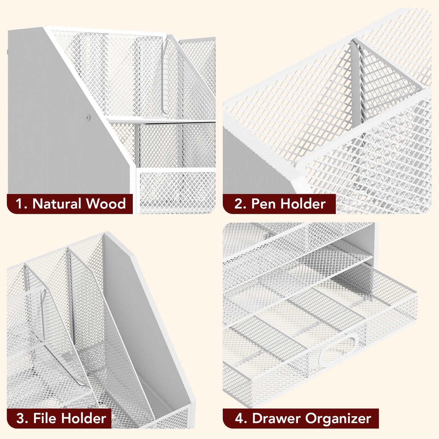 Homsorout Wooden Desk Organizer - Mesh File Organizer with Drawers and Pen Holder - 4-Tier Vertical Paper Letter Storage Tray, Desktop Organizers and Accessories for Home Office （White