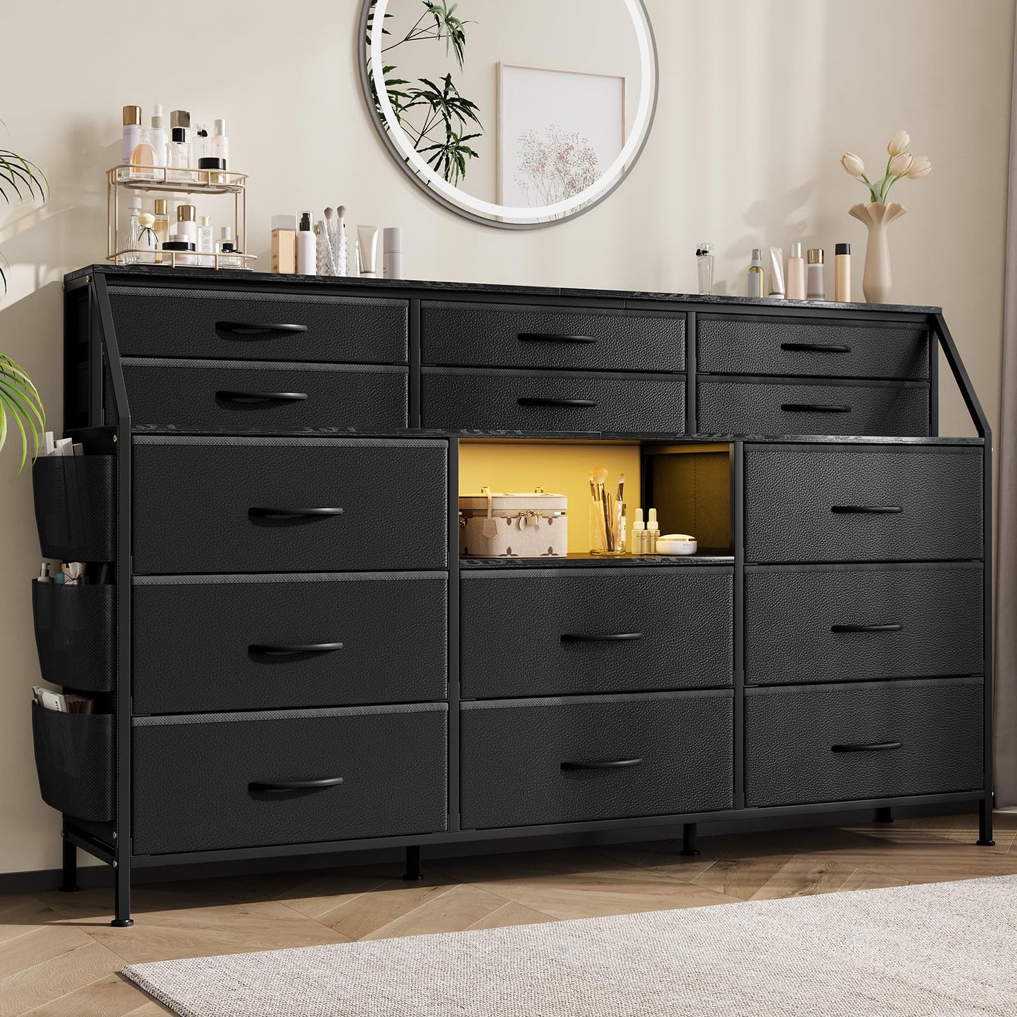 GarveeHome Dresser for Bedroom with 14 Drawers, 55 in W Dresser with Side Pocket, Fabric Dressers & Chests of Drawers with Shelves, Sturdy Frame, Wood Top