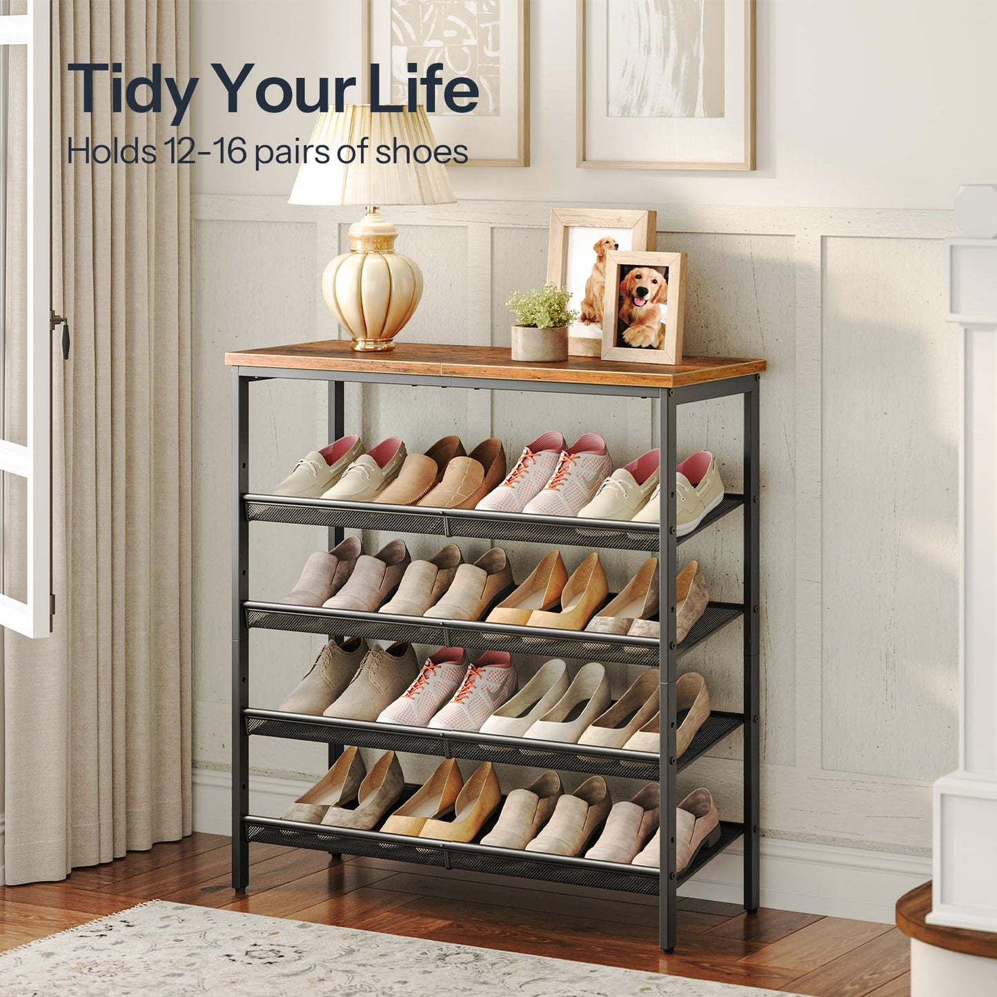 HOOBRO Shoe Rack, Shoe Storage Organizer with 2 Non-Woven Drawers, Shoe Shelf with Wooden Top, Closet, Rustic Brown BF12-79XJ01