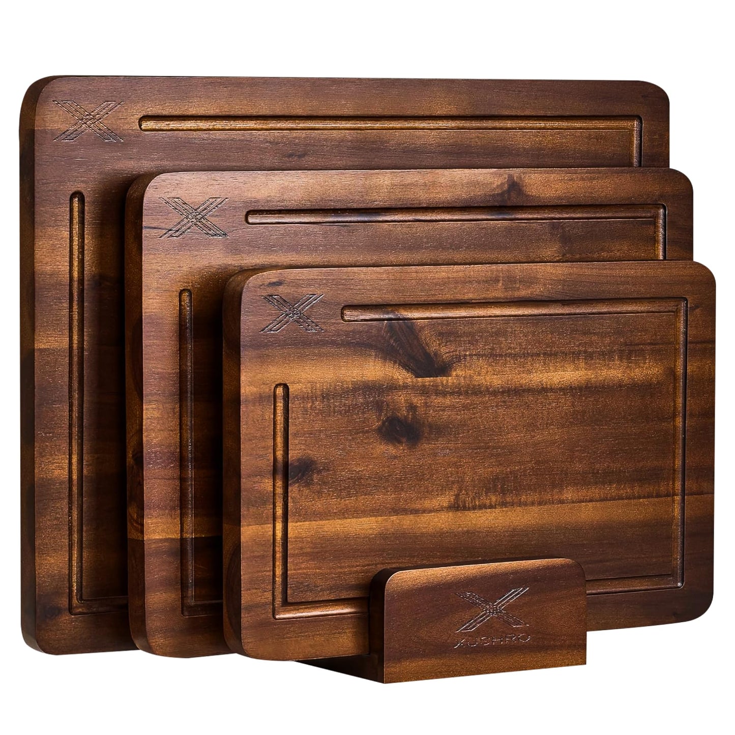 Xushro Acacia Wood Cutting Board Set of 3 with Stand - Thick Wooden Chopping Boards with Deep Juice Grooves - Non-Slip & Durable Wooden Boards for Meat & Vegetables (16x12, 14x10, 12x8) - Walnut