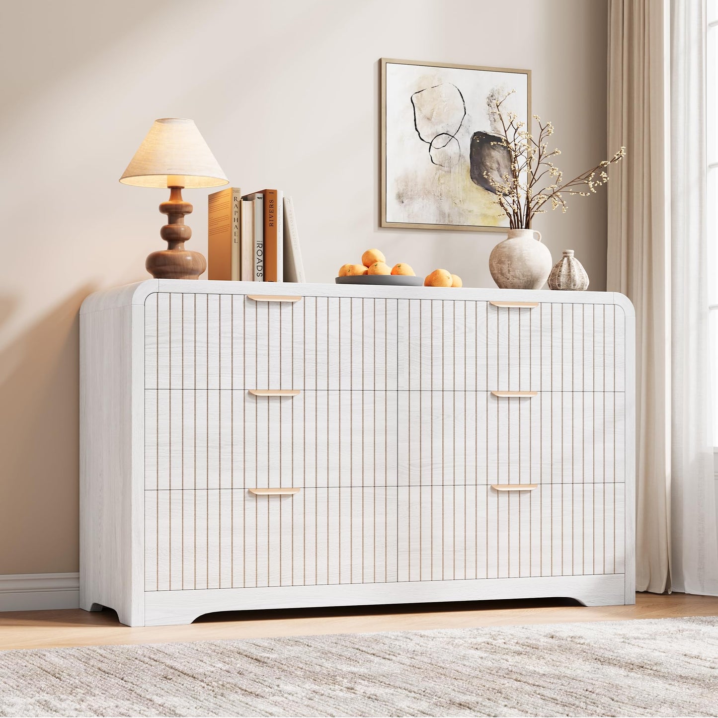 Jocoevol Modern 6 Drawer Dresser for Bedroom, 47" Wide Wood Dressers & Chests of Drawers Curved Profile Design, Mid Century Modern Fluted Dresser for Bedroom, White