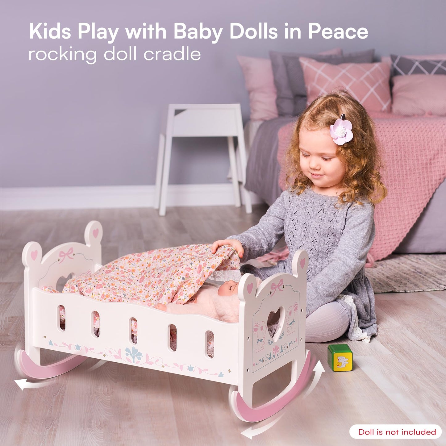 ROBOTIME Wooden Baby Doll Crib, Doll Cradle Bed for 18-24 Inch Dolls, Baby Doll Crib Set with Blanket and Pillow, Toy Doll Bed for Girls Ages 3+