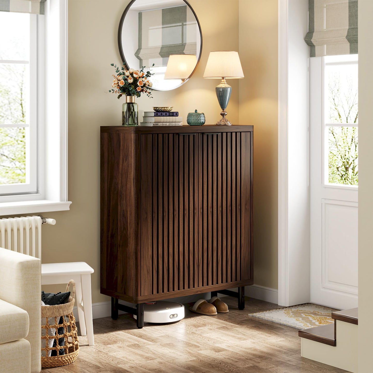 Tribesigns Farmhouse Shoe Cabinet with Shutter Doors, Large 6-Tier Wooden Shoe Organizer Rack with Adjustable Shelves, Modern Hidden Storage Furniture for Entryway, Hallway (Dark Walnut)