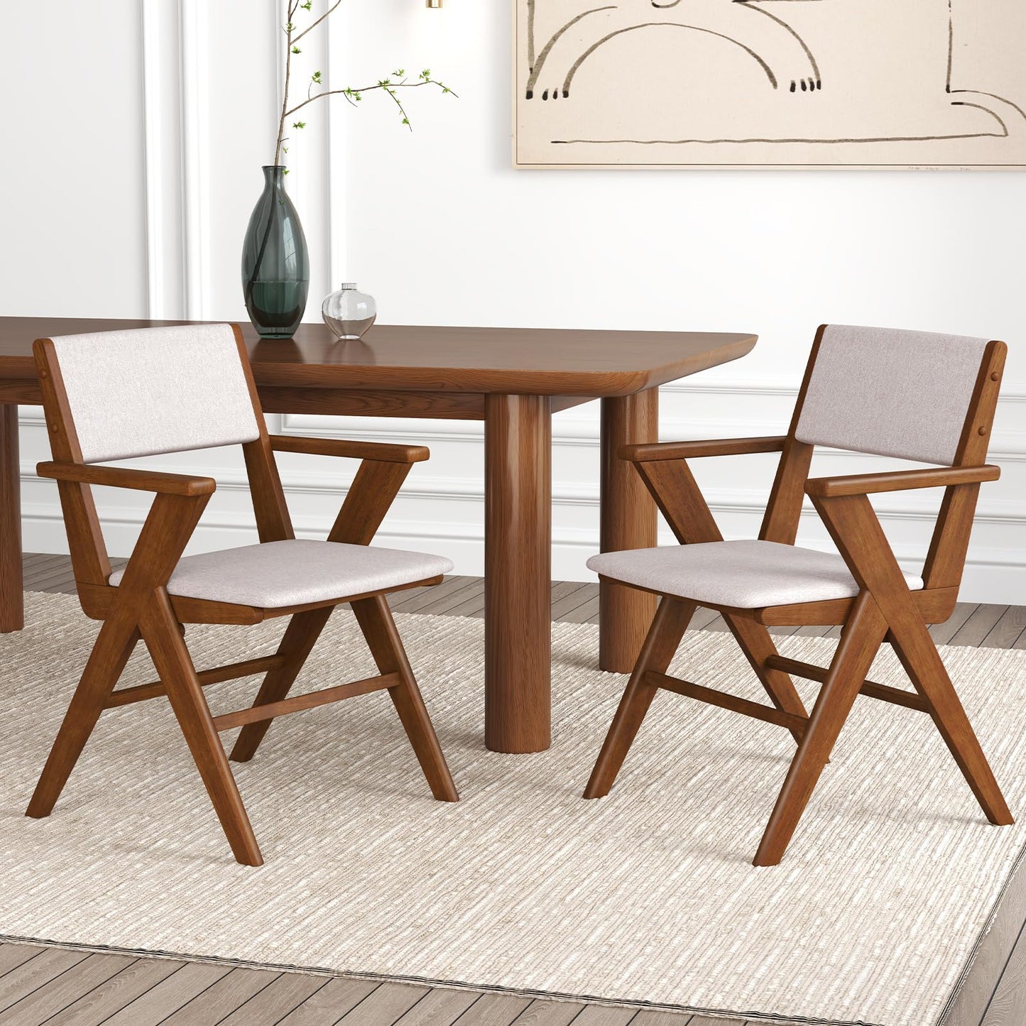 Giantex Wooden Dining Chairs Set of 2, Linen Fabric Upholstered Kitchen Chairs w/Armrests, Rubber Wood Frame, Padded Seat & Back, Farmhouse Side Chairs, Accent Chairs for Living Room Restaurant