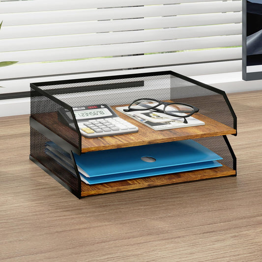 Natwind 2-Tier Stackable Paper Tray, Metal Mesh Desktop Organizer, Paper Sorter, Letter Trays, File Document Storage Rack for Home, Office, School, Retro