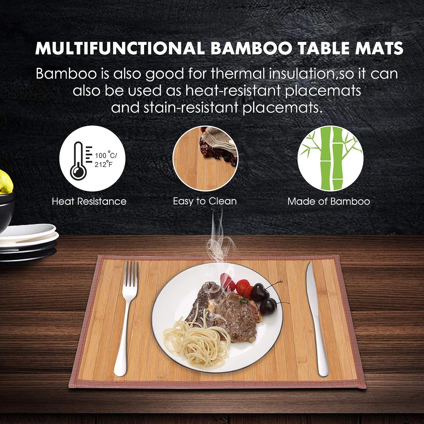 Bamboo Placemats Set of 4, Heat Resistant Place Mats for Dining Table, Durable Bamboo Table Mats, Stain Resistant & Easy Clean Placemats for Kitchen, Indoor/Outdoor Use 11.5 x 17.5 Inch