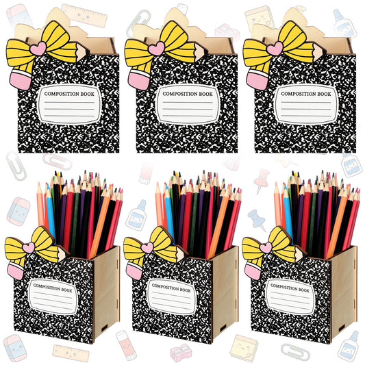 Zhehao 6pcs Composition Book Shaped Pen Holders for Desk Back to School Notebook Wooden Pen Storage Organizer, Cute Desktop Pencil Cups, Stationery Pot Bulk for Teacher Classroom Office Supplies
