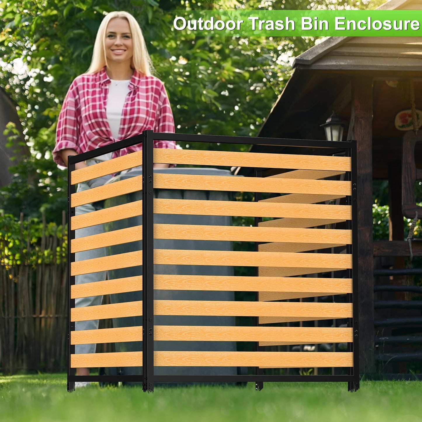 Air Conditioner Fence 1 Panel, Privacy Fence Screen 54.5" H × 39.4" W No-Dig Metal Wood Outdoor Pool Equipment Enclosure with Metal Stake, AC Unit Cover, Trash Bin Hider for Garden & Backyard