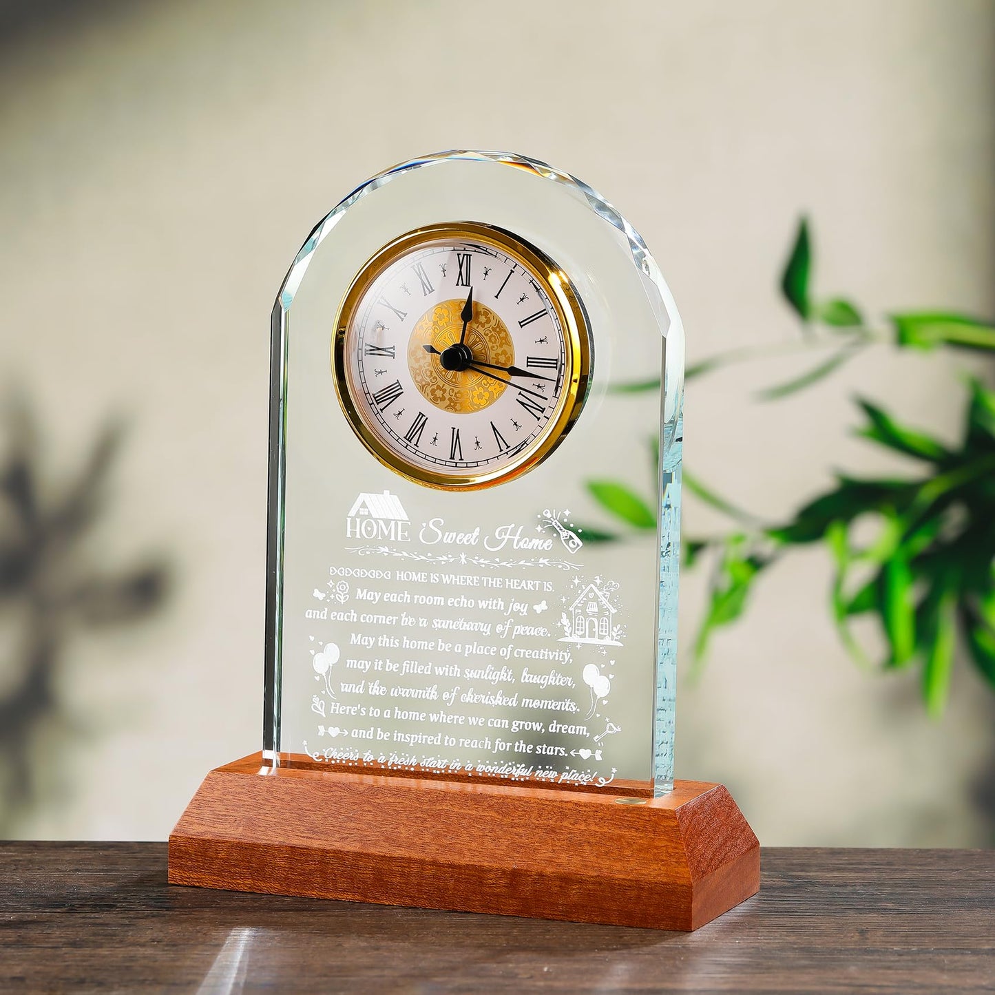 Arikyrist House Warming Gifts Glass Clock with Wooden LED Light Base for Women Men Unique New Home Gift Ideas Crystal House Warming Gifts for Couples Family Home Blessing Keepsakes Tabletop Decor