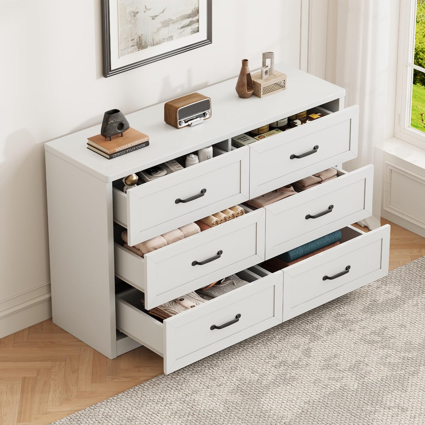 Ball & Cast Farmhouse 6 Drawer Dresser for Bedroom, 47" W Modern Chest of Drawers with Metal Handles, Wood Dresser TV Stand, Dresser Drawer Organizer for Closet, Living Room,Hallway,White