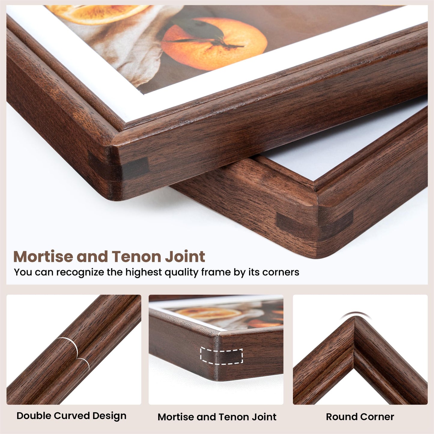 RICHFOCUS 8.5x11 Picture Frame, Natural Solid Walnut Wood Picture Frame with High Tempered Glass, Handcrafted Rounded Corner 8.5 by 11 Wooden Frame Matted to 6x8 Photo for Wall & Tabletop Display