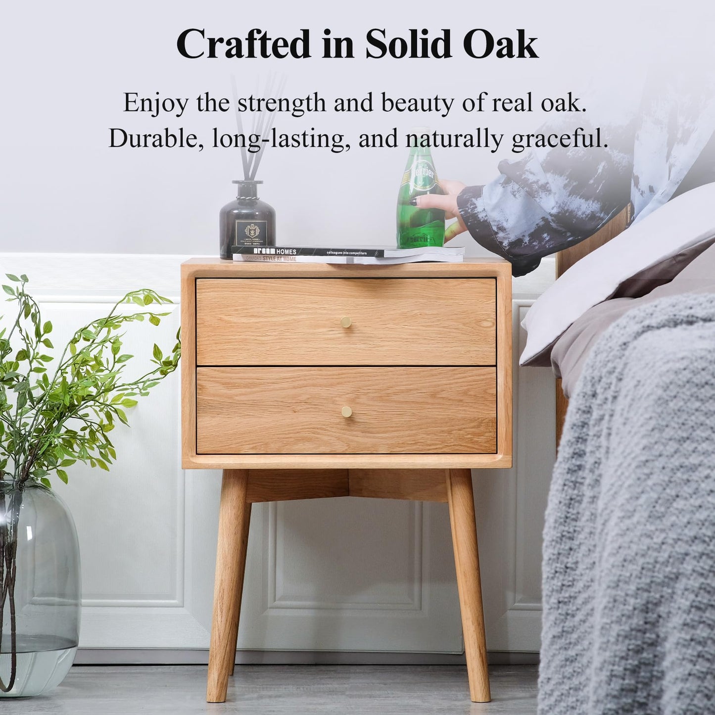 Cttasty Night Stand, Midcentury Modern Solid Wood Nightstand with Drawer, Durable Sturdy Tall Bedside Tables with High Stool Leg, 17.72 W x 13.78 D x 23.63 H Inches (Natural)