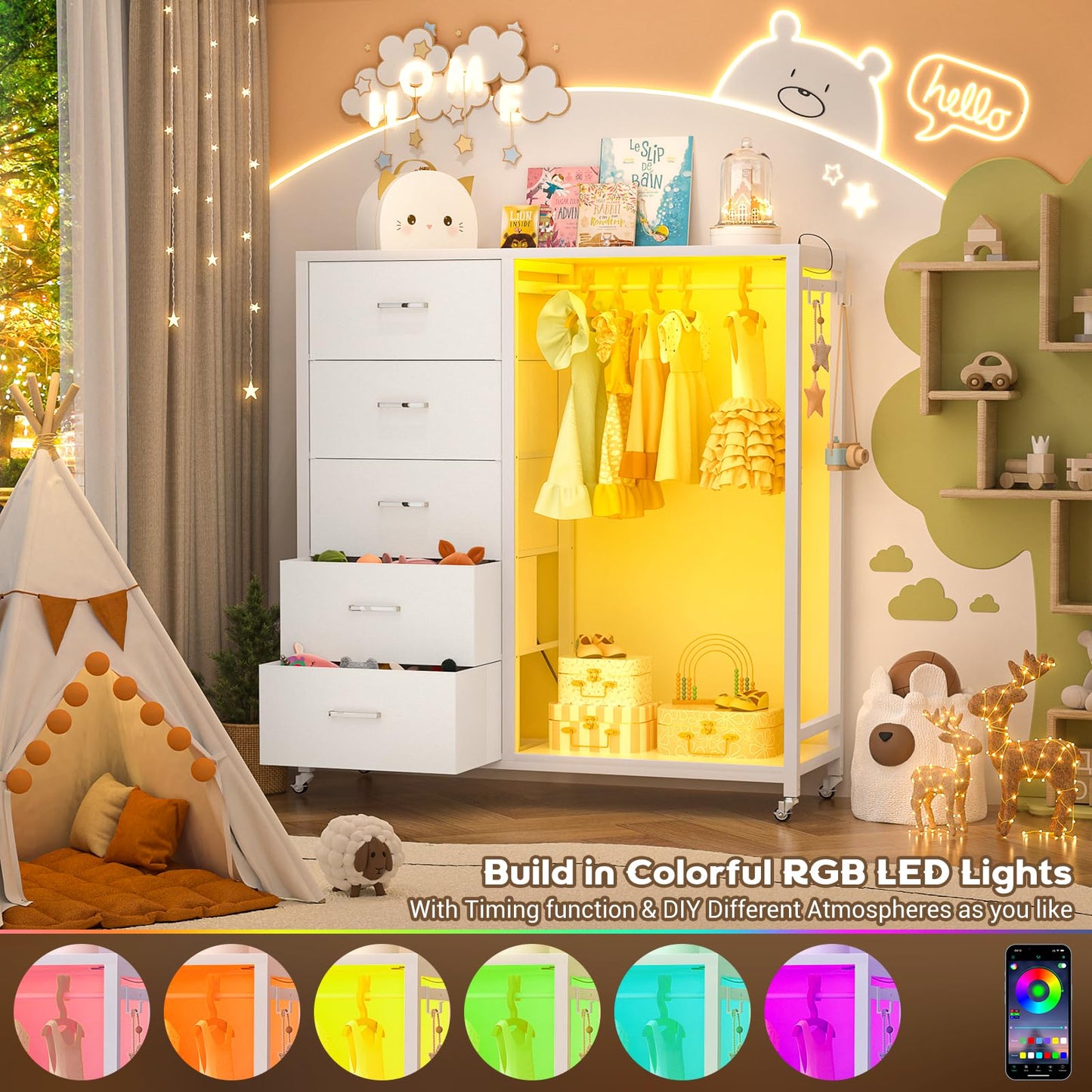 Cyclysio Dresser with Hanging Rack, 5 Fabric Drawers Dresser with Clothes Rack, Wooden Top Storage Chest of Drawers with Charging Station & LED Lights, Lockable Wheels, Closet