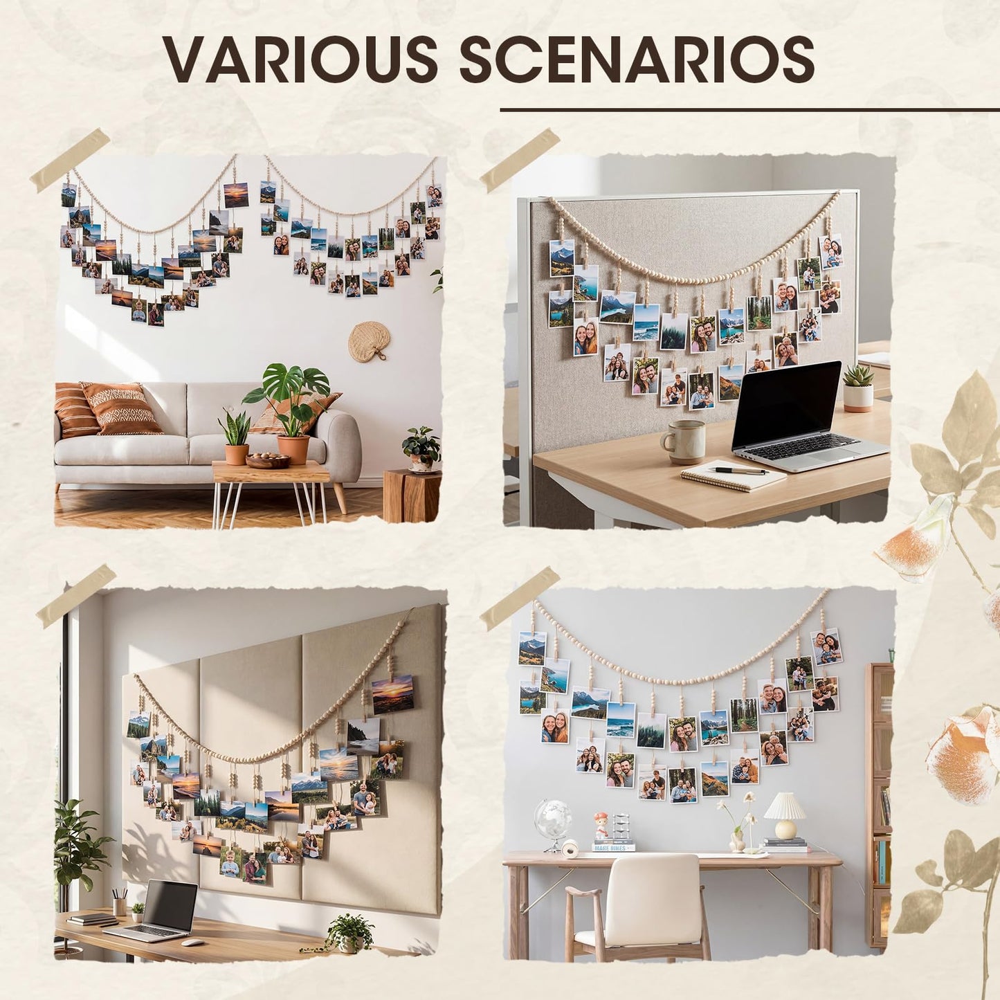 Sieral 48 Pcs Office Cubicle Decor Set, Boho Hanging Photo Display with 24 Wooden Clips, 2 Fabric Wall Shelves, 30 Flower Push Pins, 15 Cubicle Clips, Aesthetic Wall Decor for Office, Dorm & Workspace