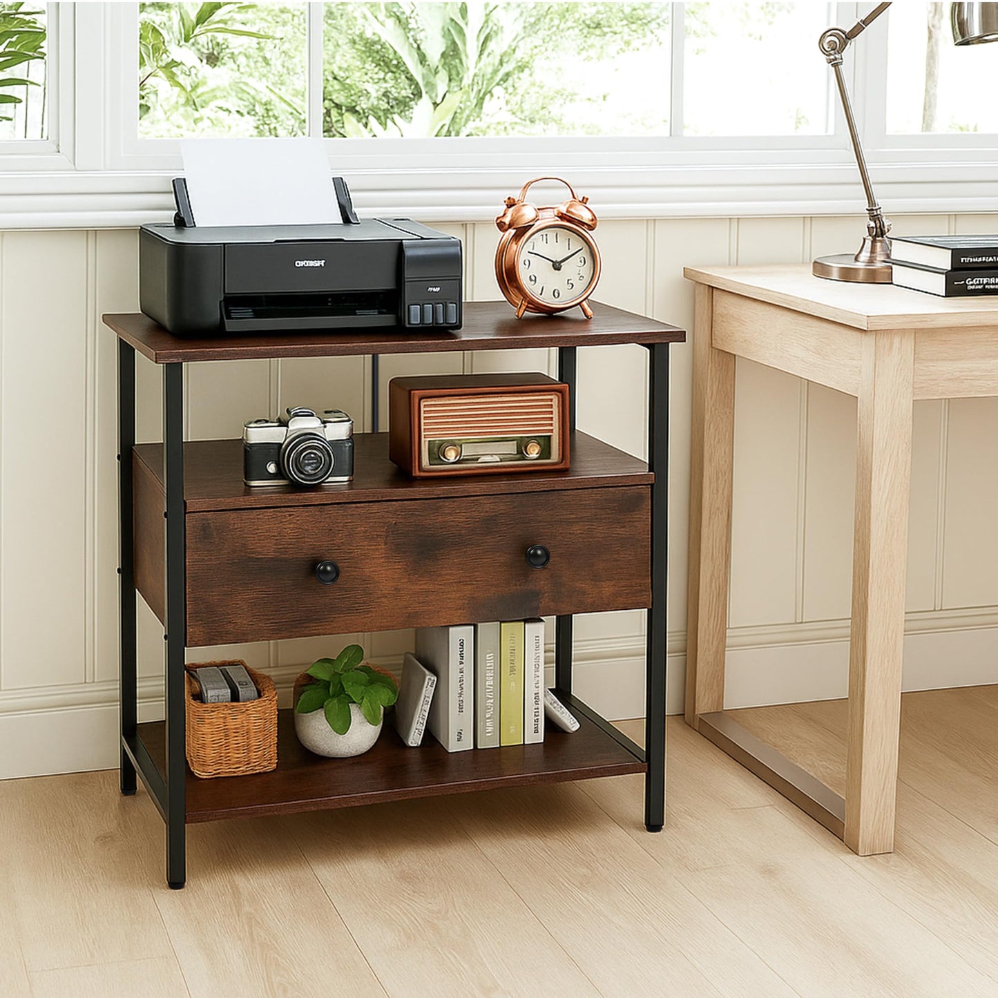 Edbuosy 27 Inch Wide Night Stand with Charging Station, Wood Nightstand with Open Shelf, Large Drawer Bedside Table for Living Room/Bedroom/Office, Retro Brown
