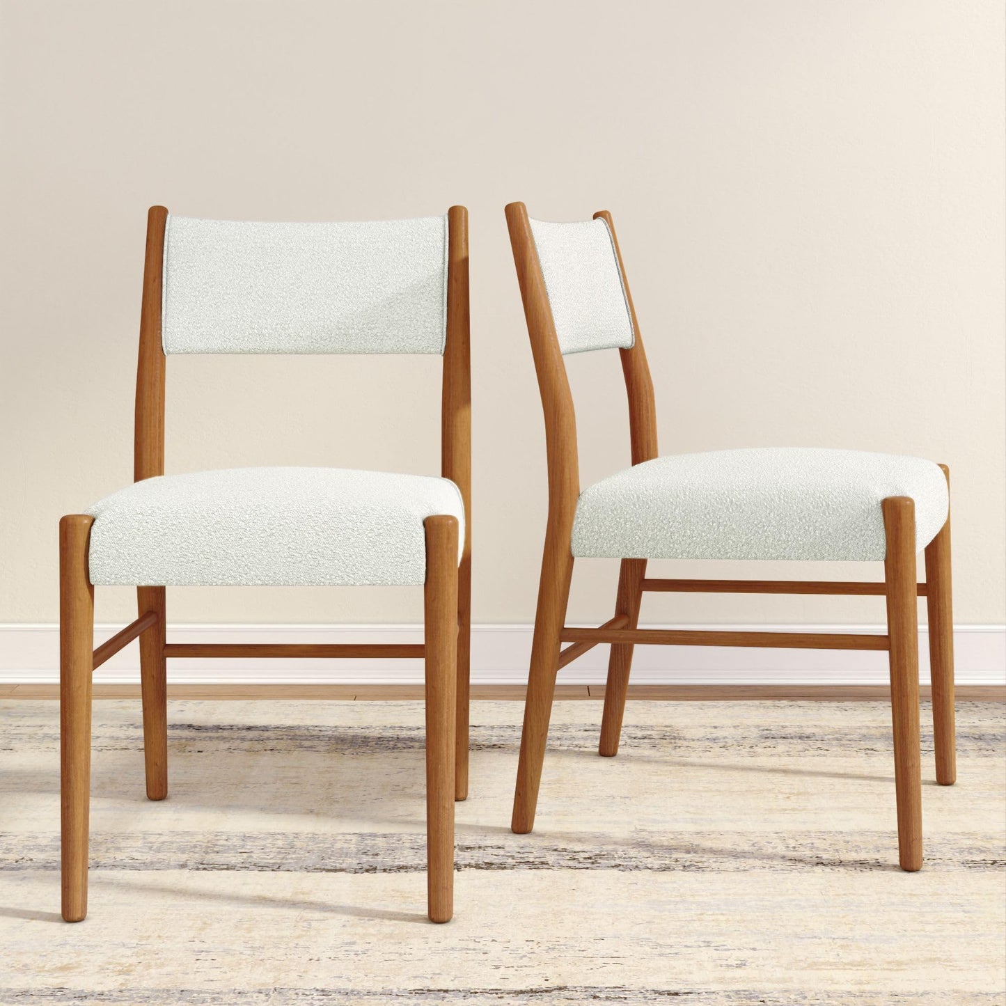 Plank+Beam Brio Dining Chair (2-Pack) - Upholstered Bouclé Seat, Solid Rubberwood Frame, Low-VOC Finish, Easy Assembly, Pecan/Ivory