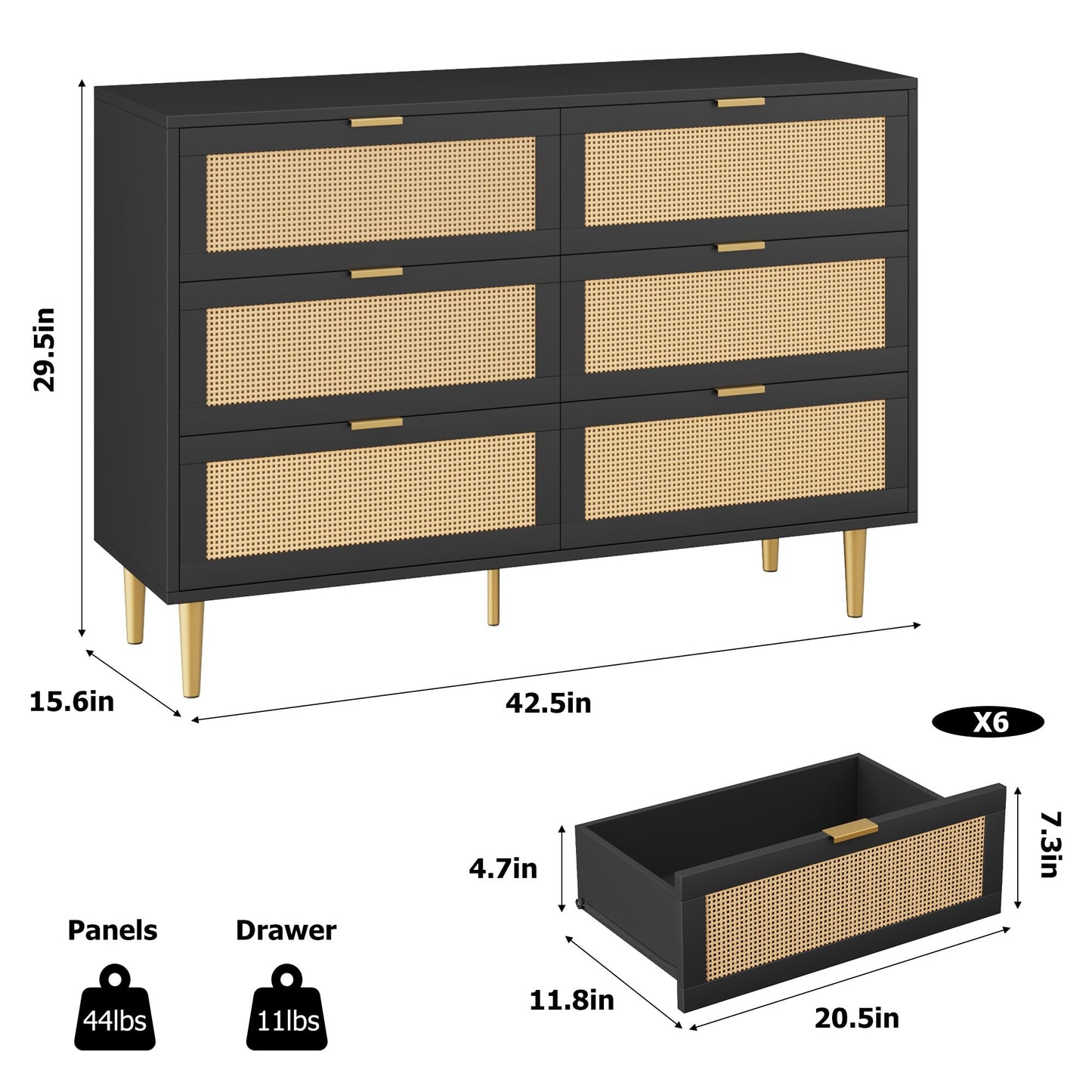 Garvee Rattan 6 Drawer Dresser, 42.5''W Wood Dresser, Chest of Drawers with Gold Legs and Handles, Double Dressers with Large Tabletop and Anti-Tipping Design for Bedroom, Black