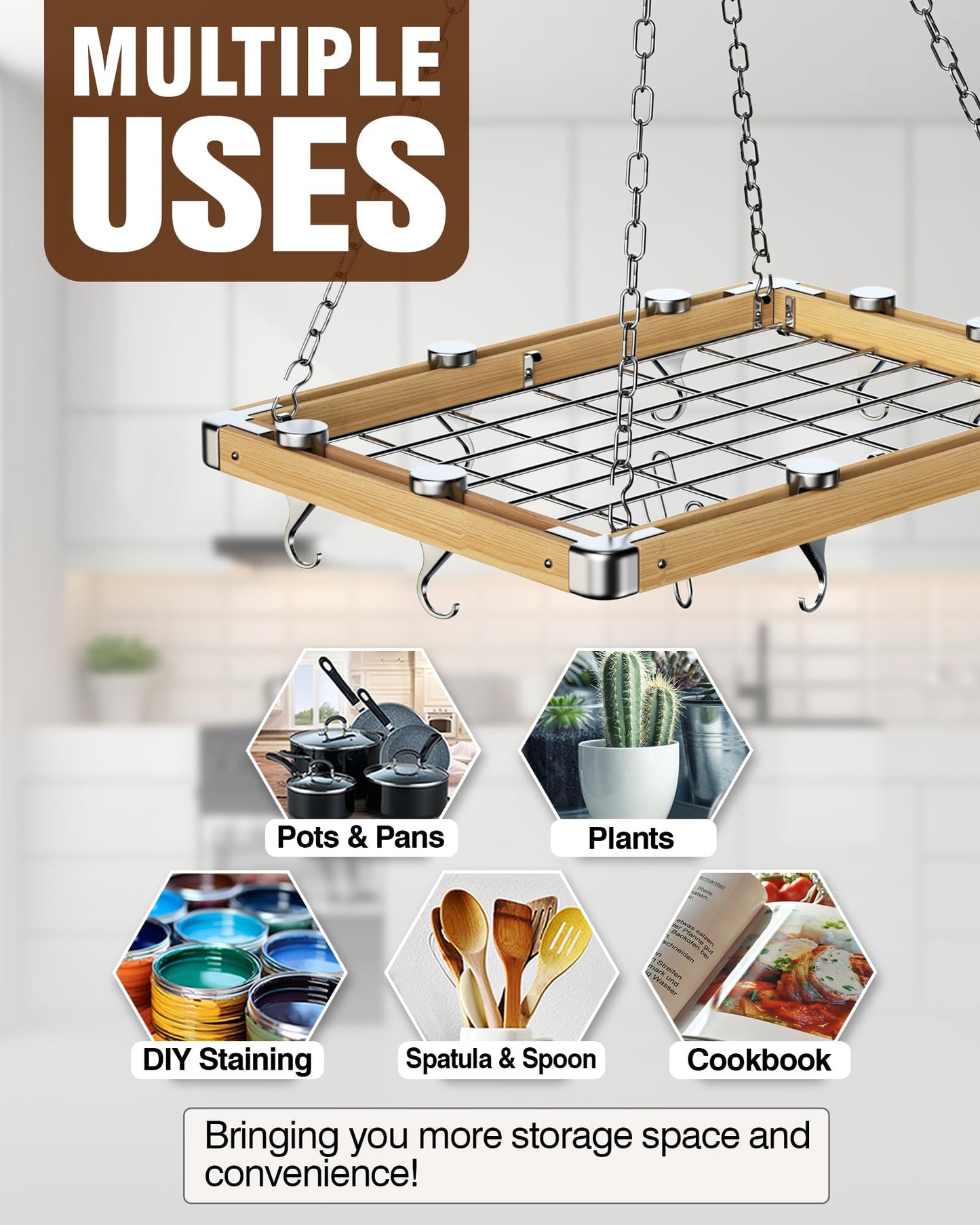 Cooks Standard Classic Ceiling Wood Pot Rack, 24x18 Inch Heavy Duty Hanging Cookware Organizer with Metal Grate & Solid Cast Aluminum Hooks, Movable Tracks Design