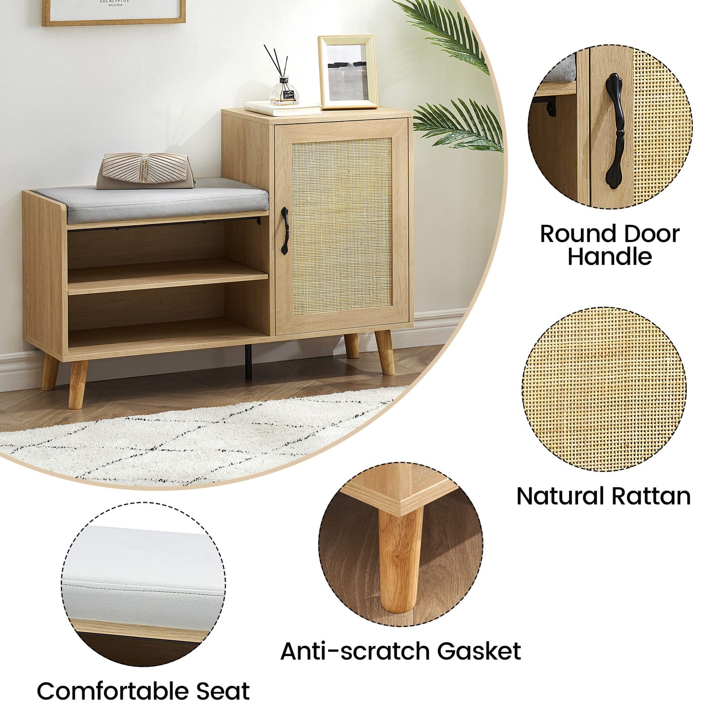 GAOMON 2-in-1 Natural Rattan Shoe Storage Bench with Upholstered, Shoe Cabinets with Adjustable Shelf, Home Entrance Shoe Rack for Hallway Living Room Bedroom Dorm and Small Apartment