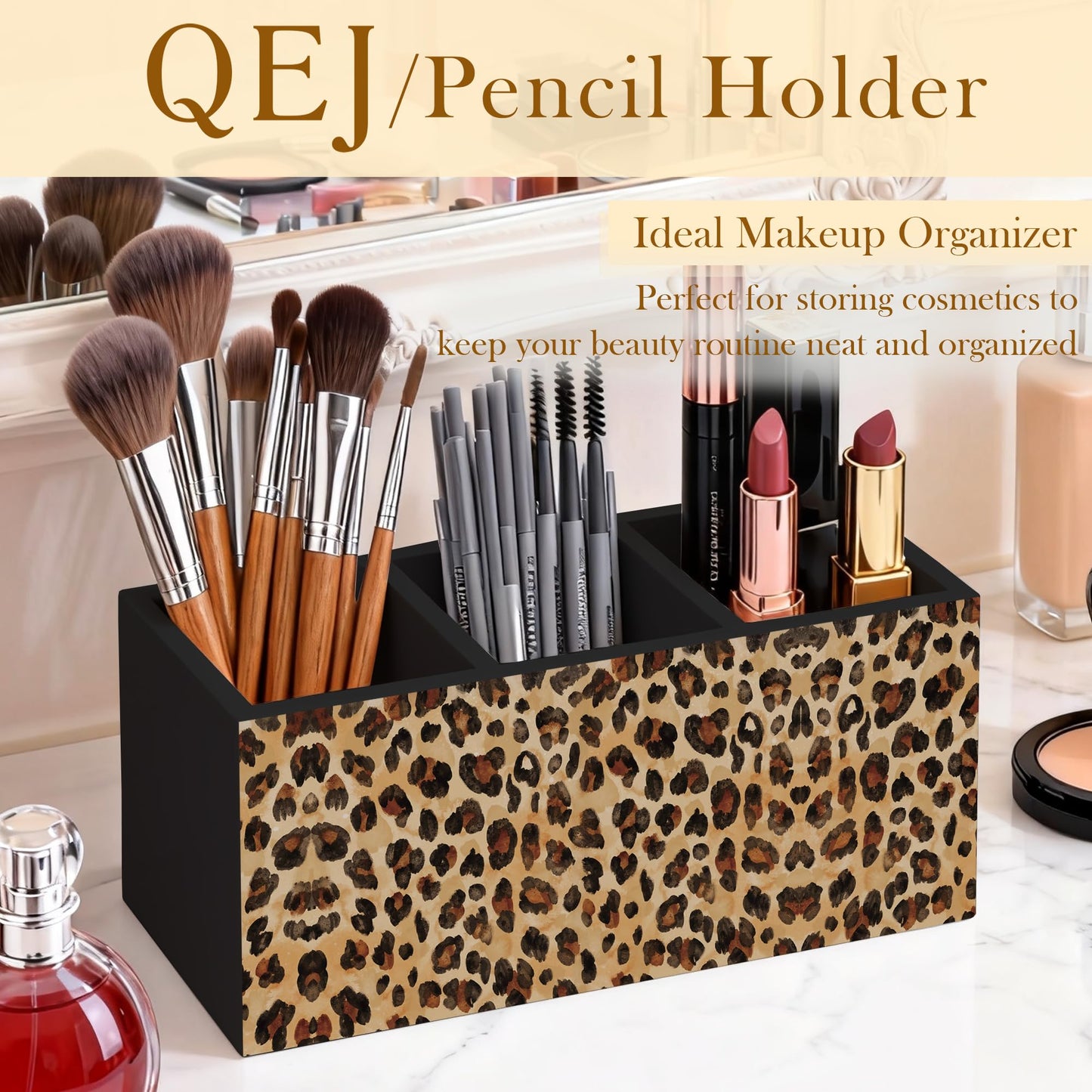 QEJ Leopard Print Pen Holder for Desk, Cheetah Print Room Decor, Cheetah Animal Wooden Box Pencil Pen Organizer for Home Office Desk Tabletop