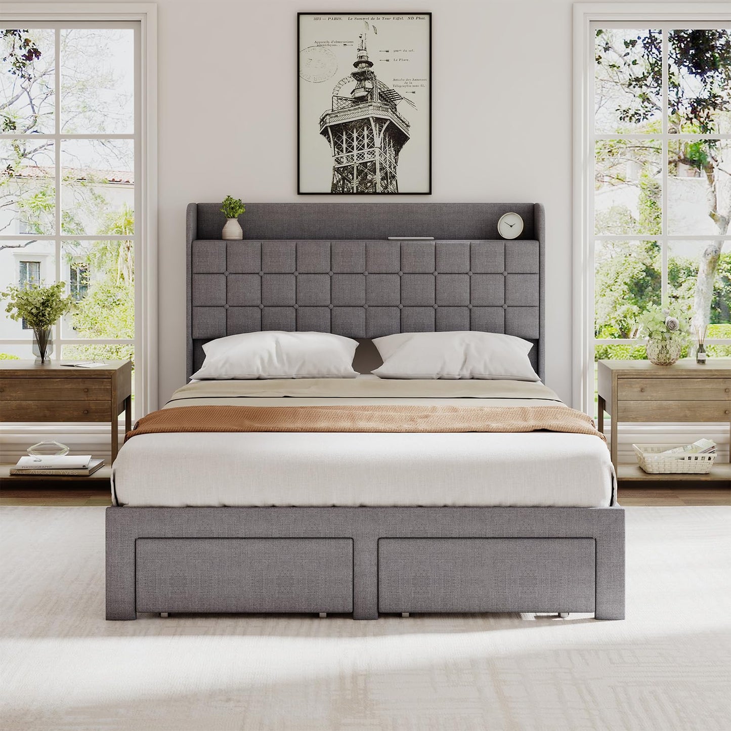DUMOS Full Size Upholstered Platform Bed Frame, Full Bed with Storage Drawers and Fabric Headboard, Wooden Slats Support, 882 lbs Weight Capacity, No Box Spring Needed, Easy Assembly, Gray