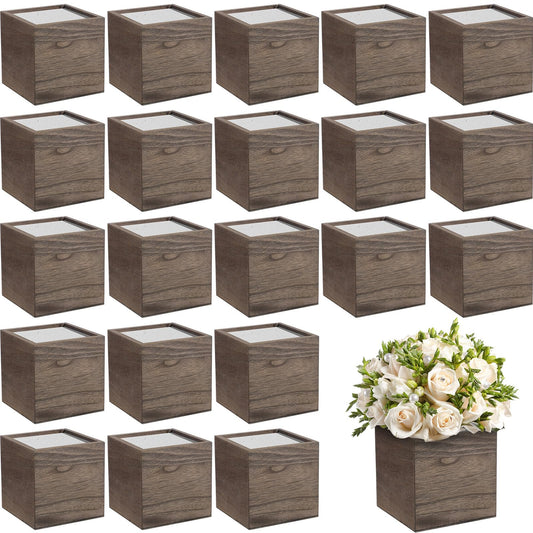Suzile 24 Set Wooden Planter Box Square Wood Flower 4 Rustic Cube Planter Box with Removable Foam Blocks Liner Brown Square Vase for Home Centerpiece Garden Craft Wedding Farmhouse Decor